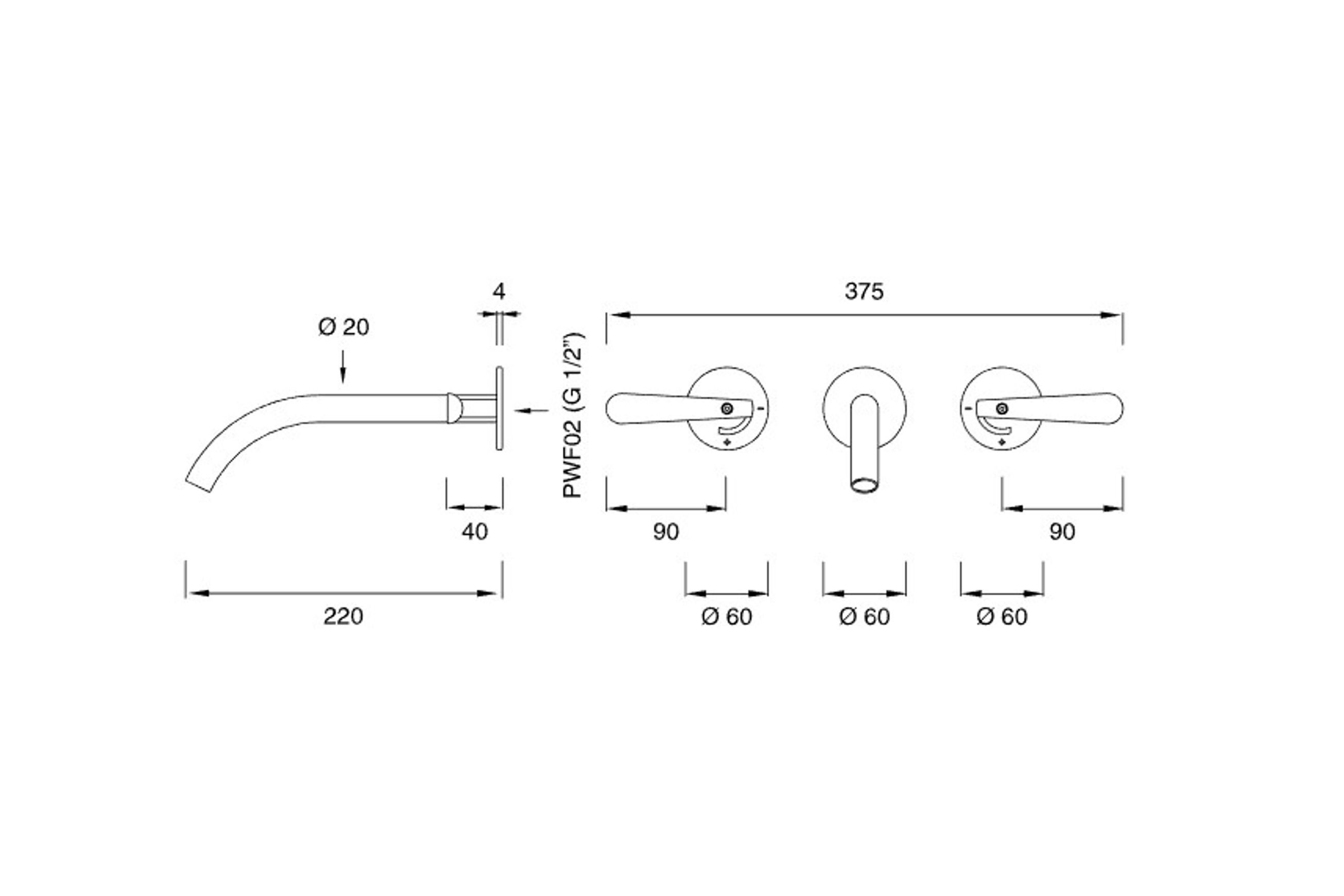 LUTEZIA Wall Mounted Dual Mixer by CEA dimensions