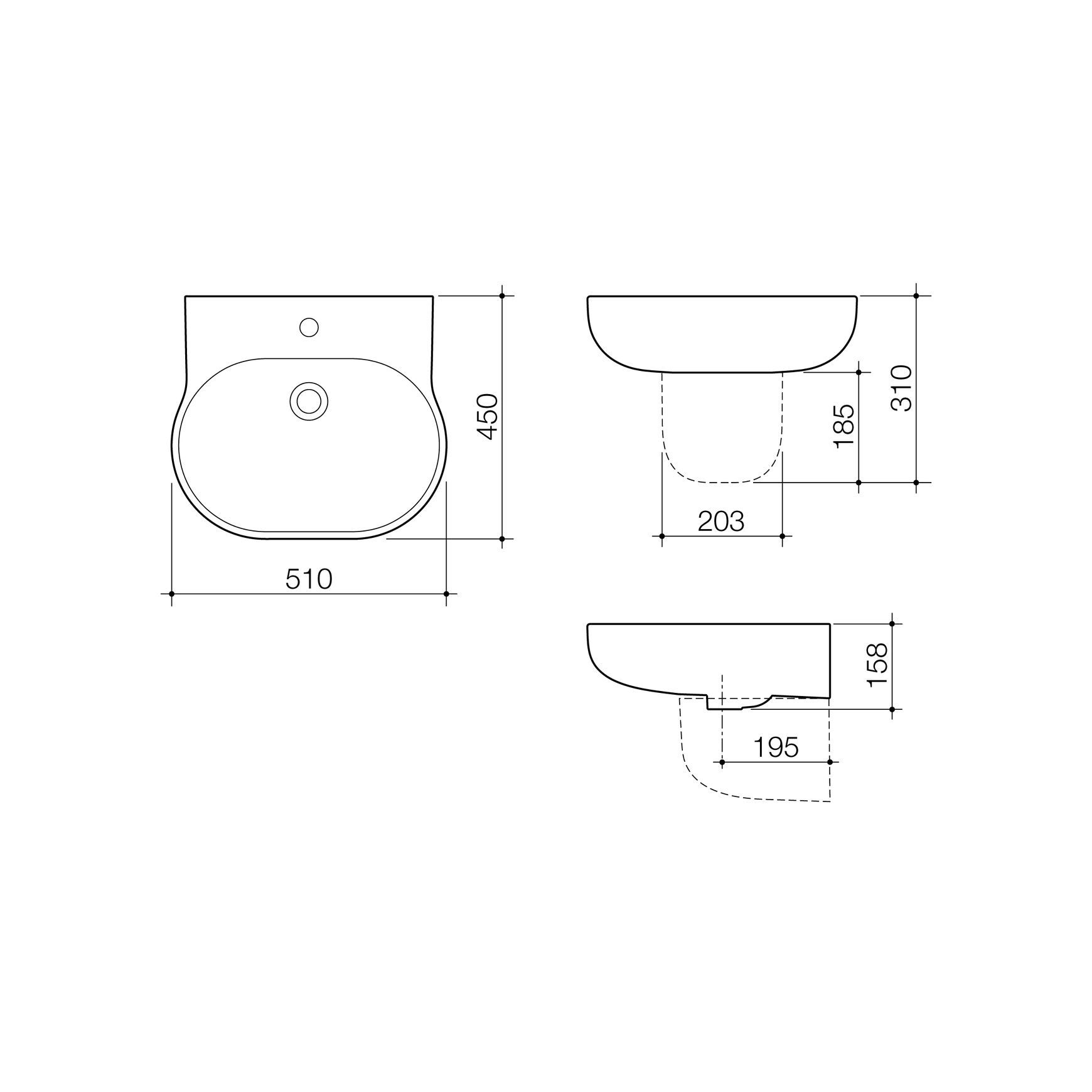 Opal 510 Wall Basin 1 Tap Hole