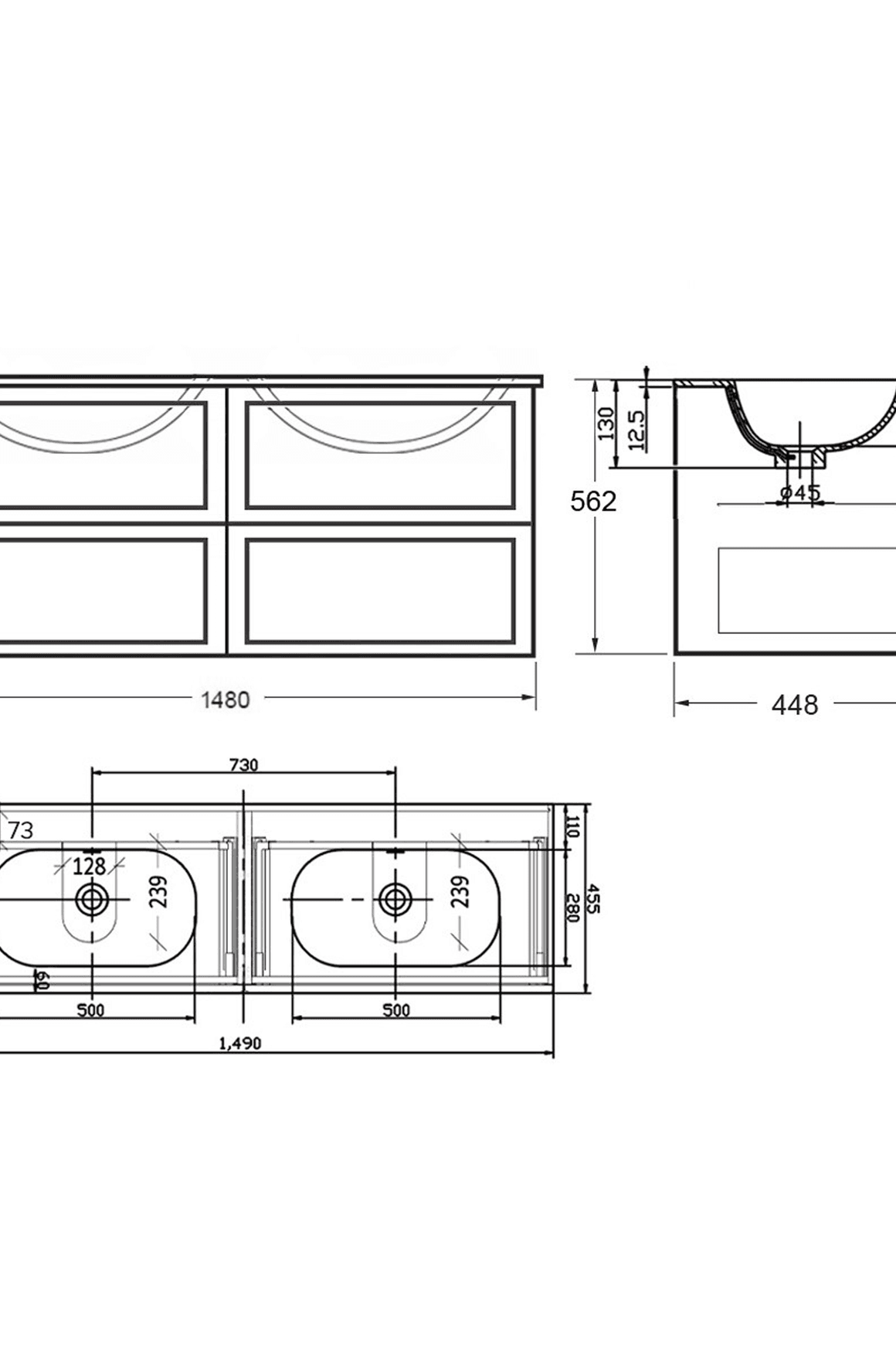 Telaio 1500 Double Bowl 4 X Drawer Wall Vanity
