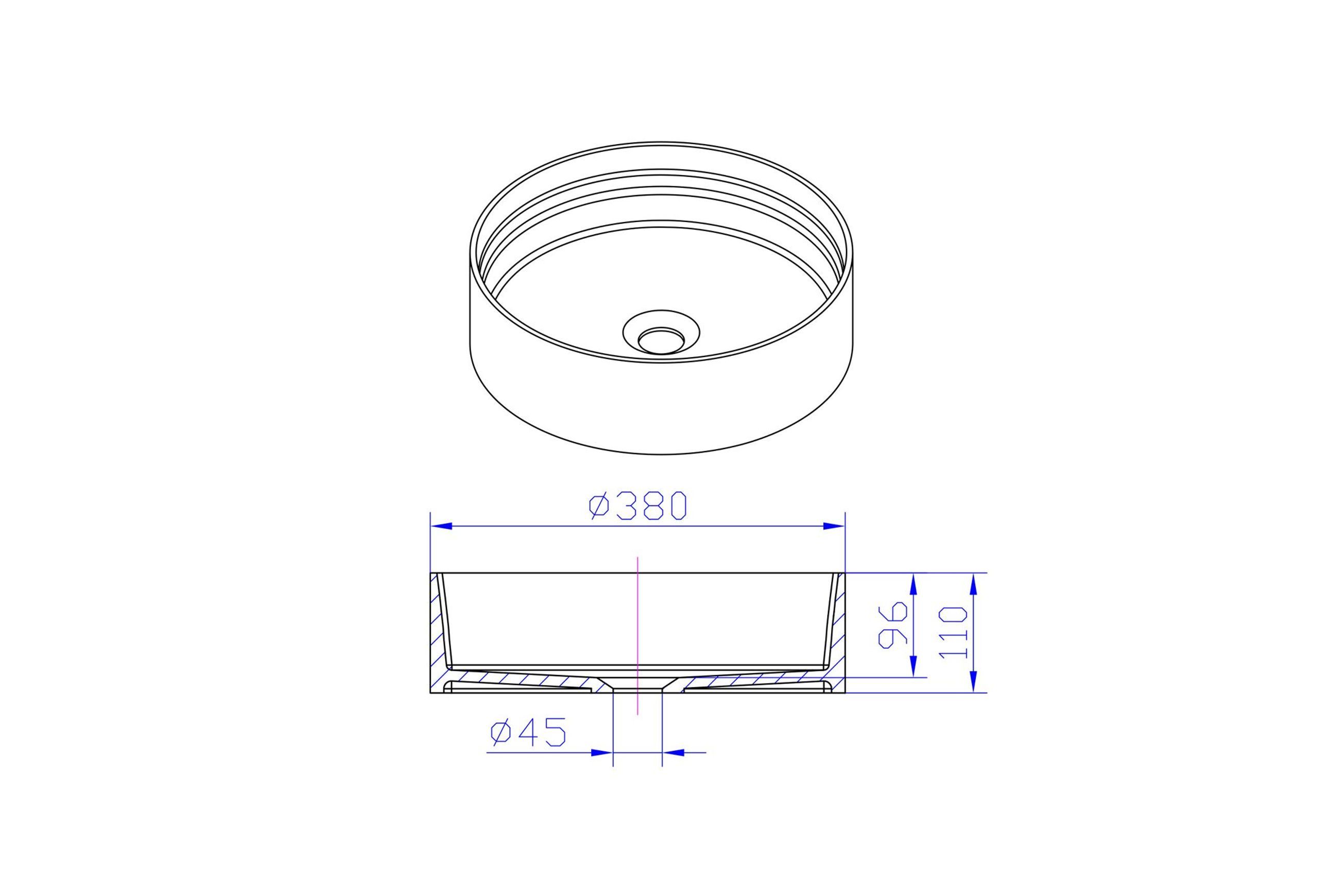 iStone Round Basin 380 x 110mm Matte White dimensions