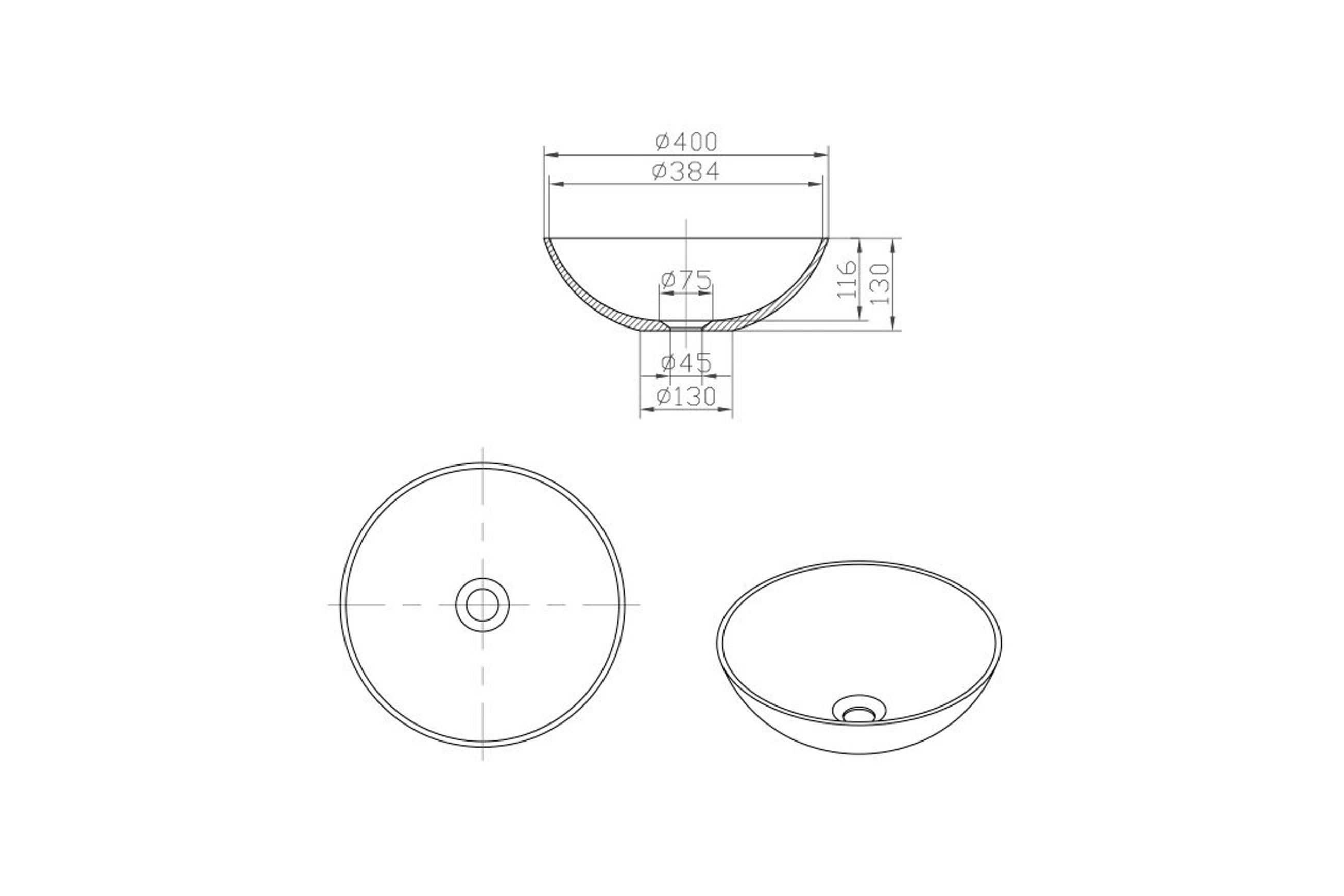 iStone Round Basin 400 x 130mm Matte White dimensions