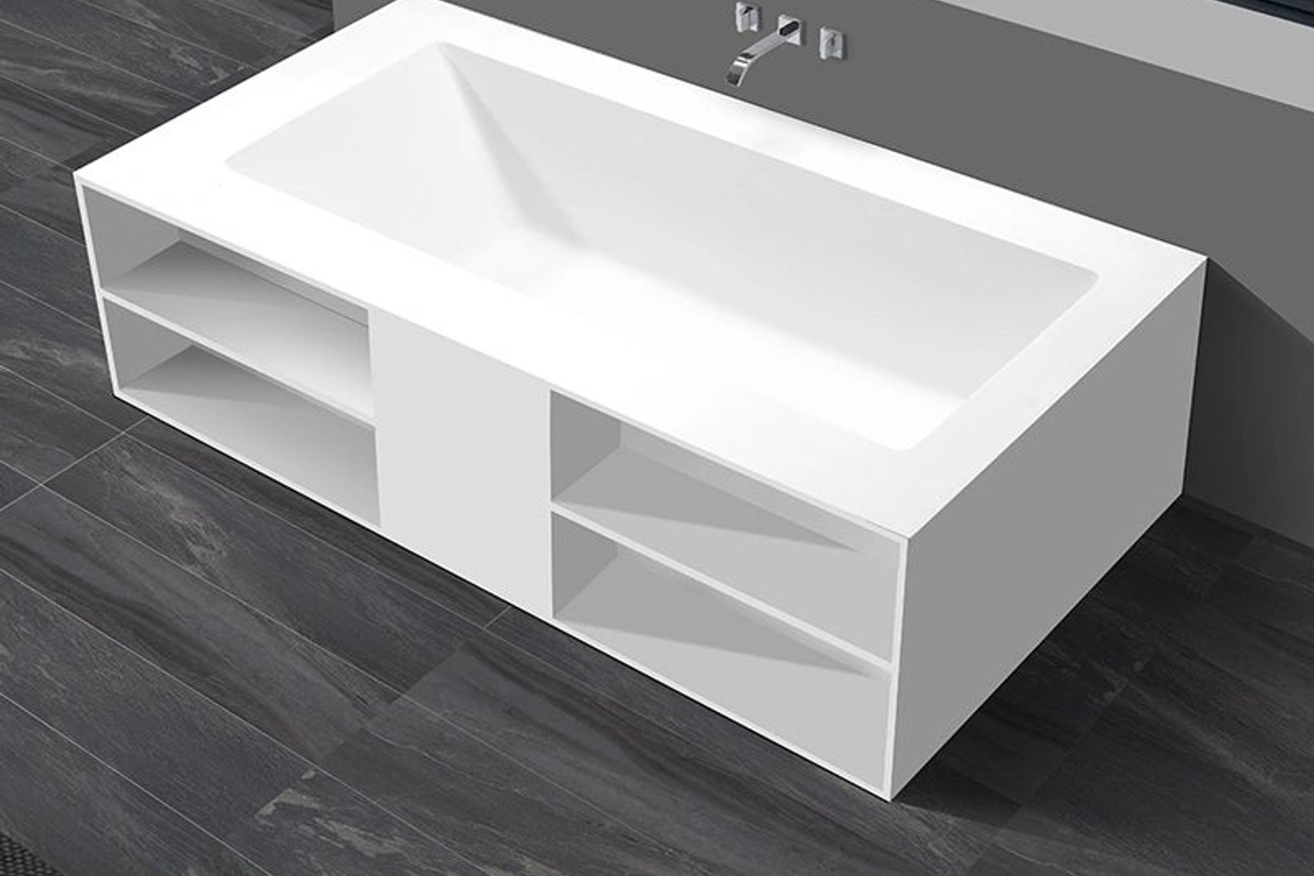 Cube Bathtub with Built-In Shelves