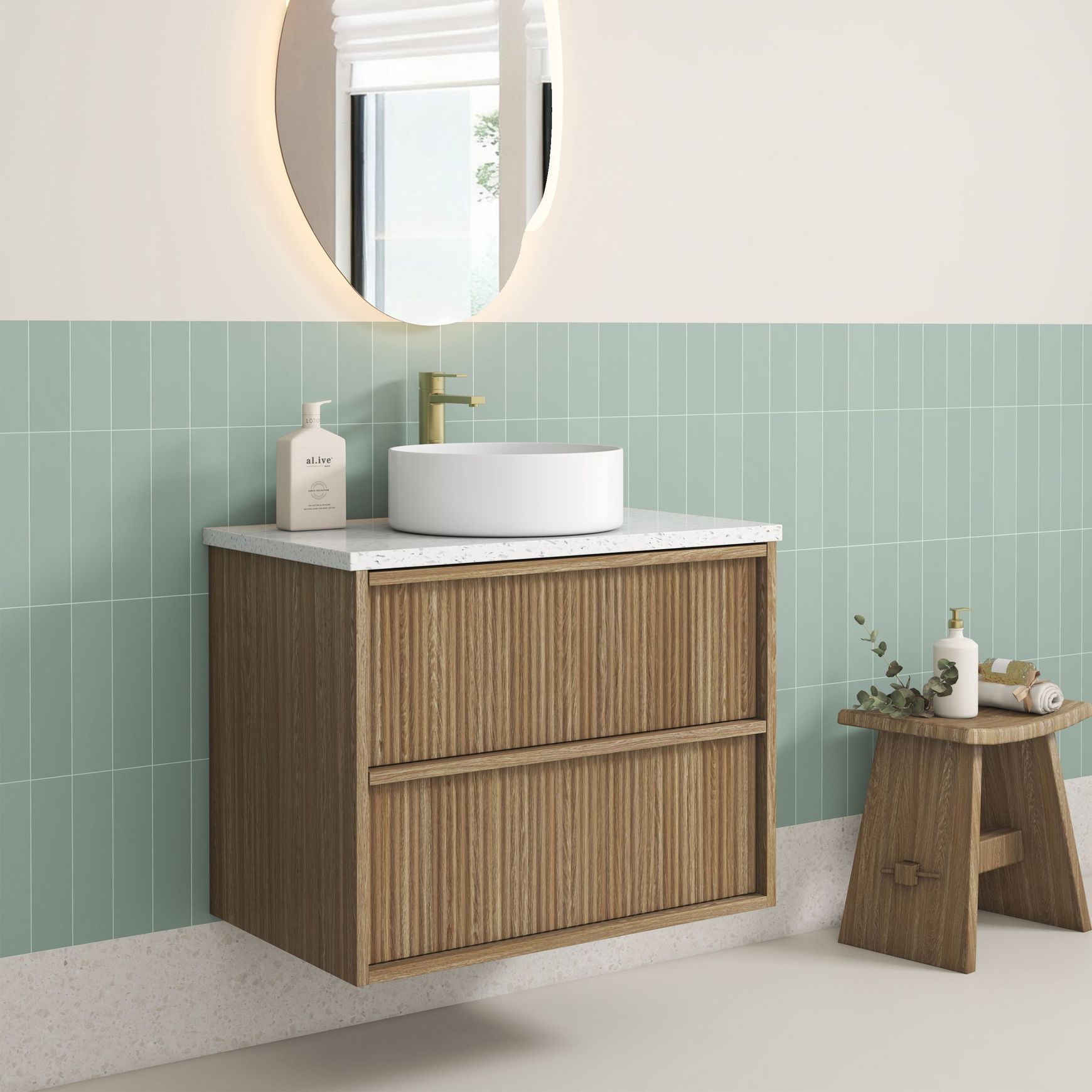 Aulic Venetta Fluted Wall Hung 750m Harvest Oak cabinet
