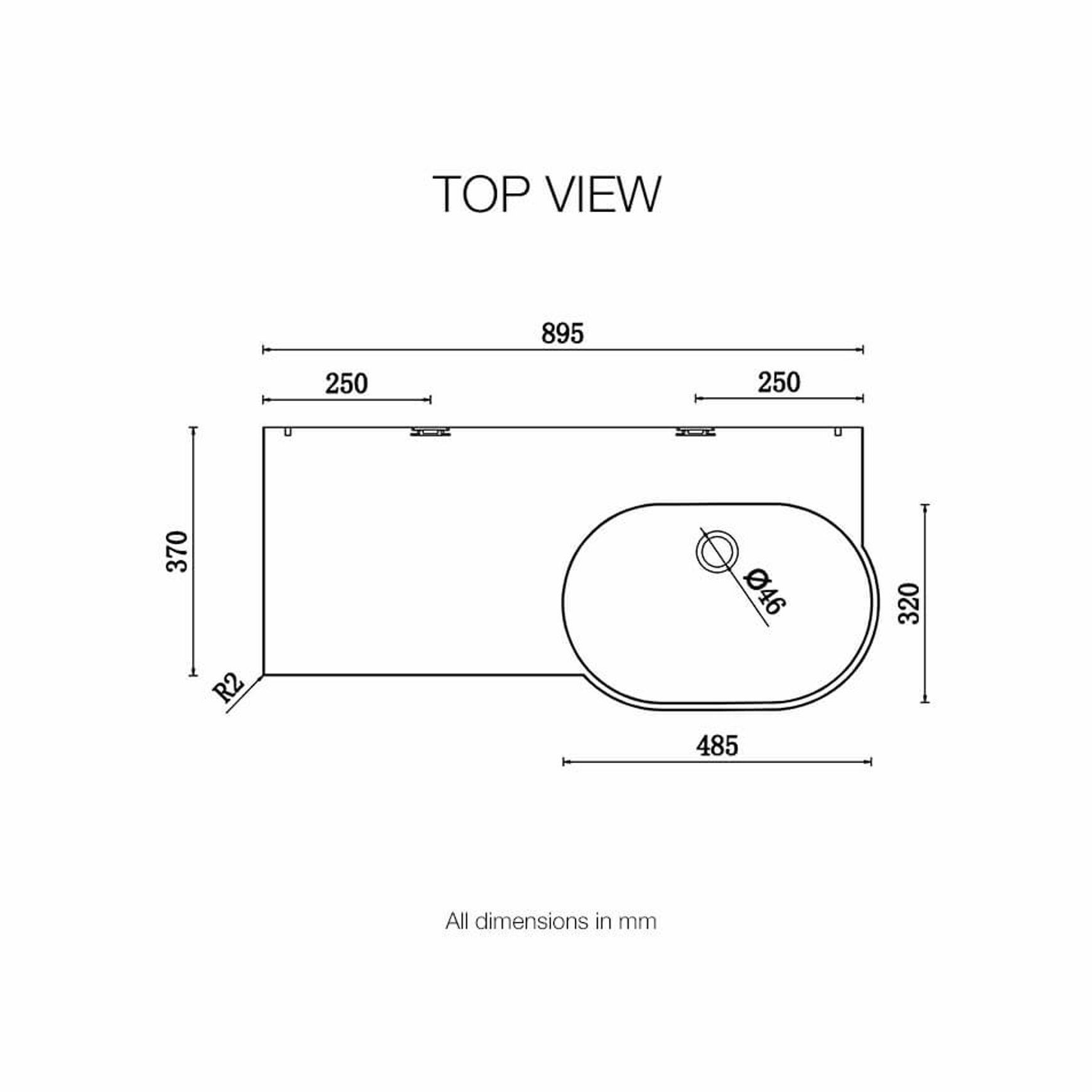 Corian® Vanity Top & Basin PWD 920R dimensions