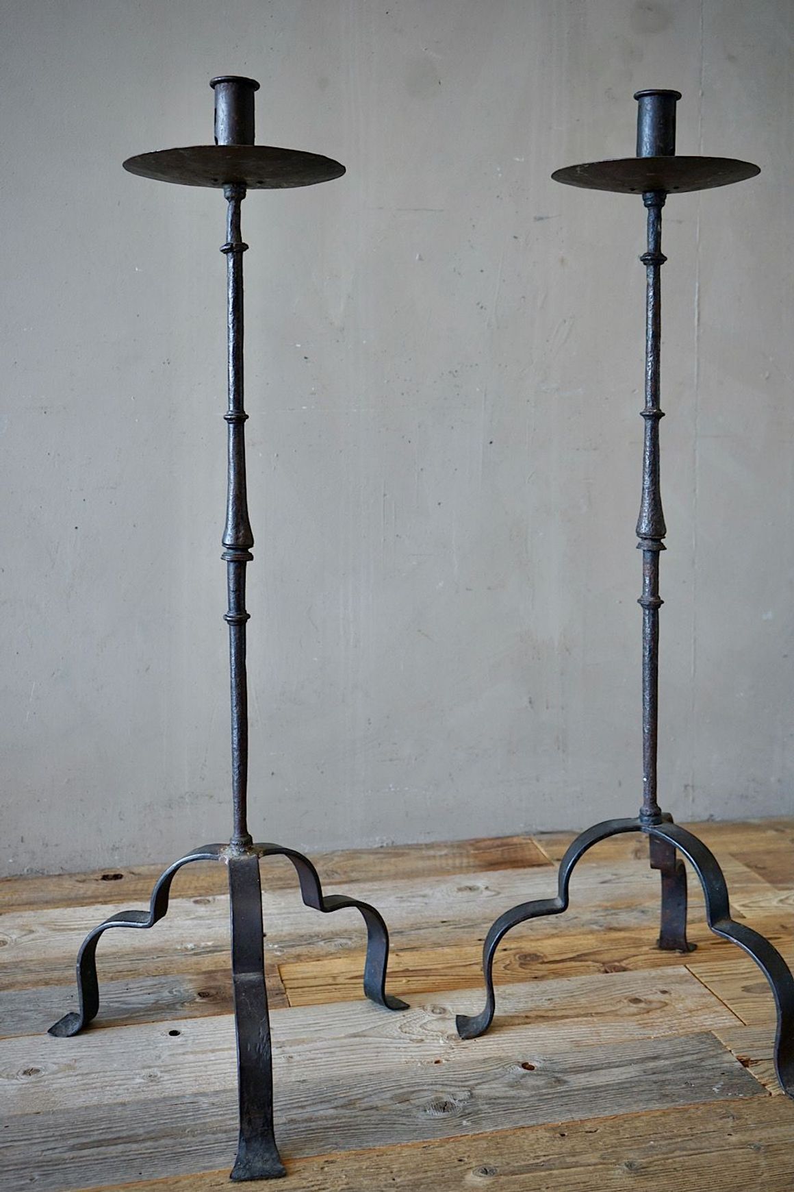 Large Antique Italian Wrought-Iron Candlesticks (Pair)