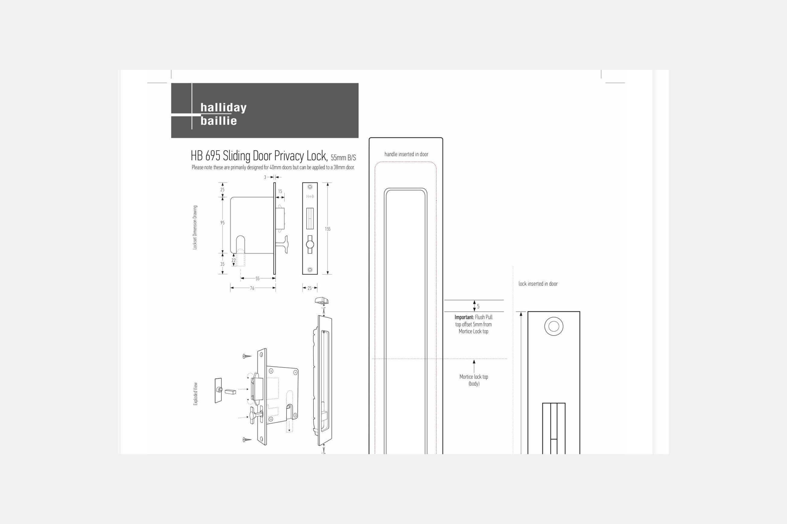 HB695 Series Sliding Door Privacy Lock - 55mm Backset