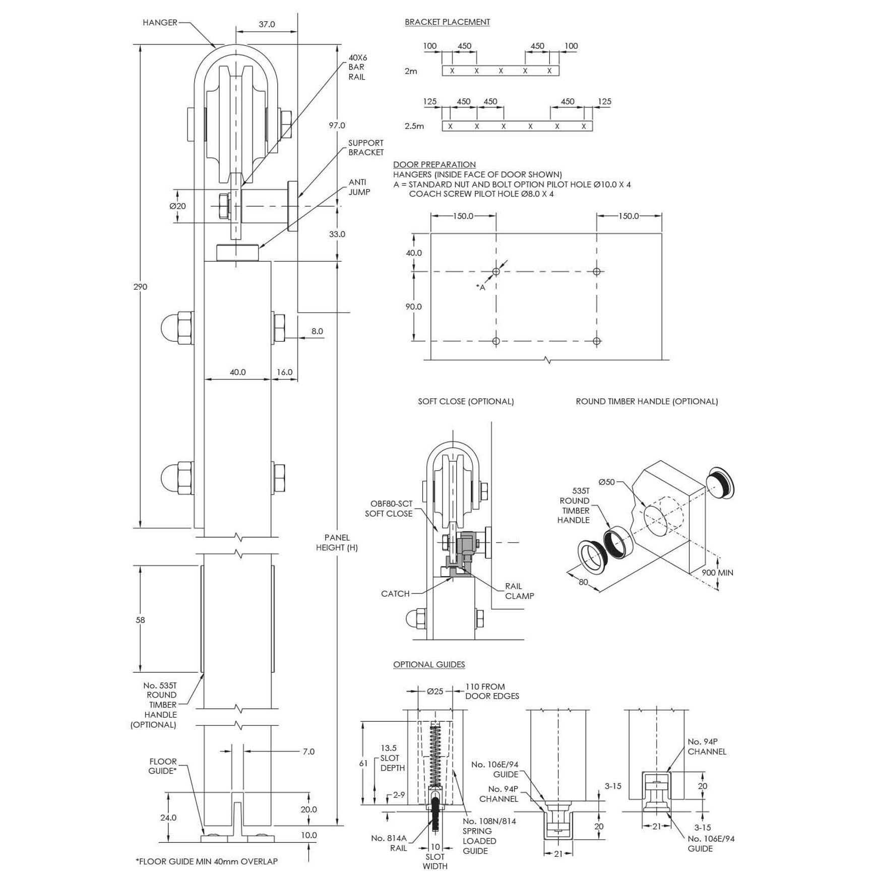 Brio Open Bar Rail Timber 80 2500mm Mild Steel Powder Coat Black OBF80-25PB dimensions