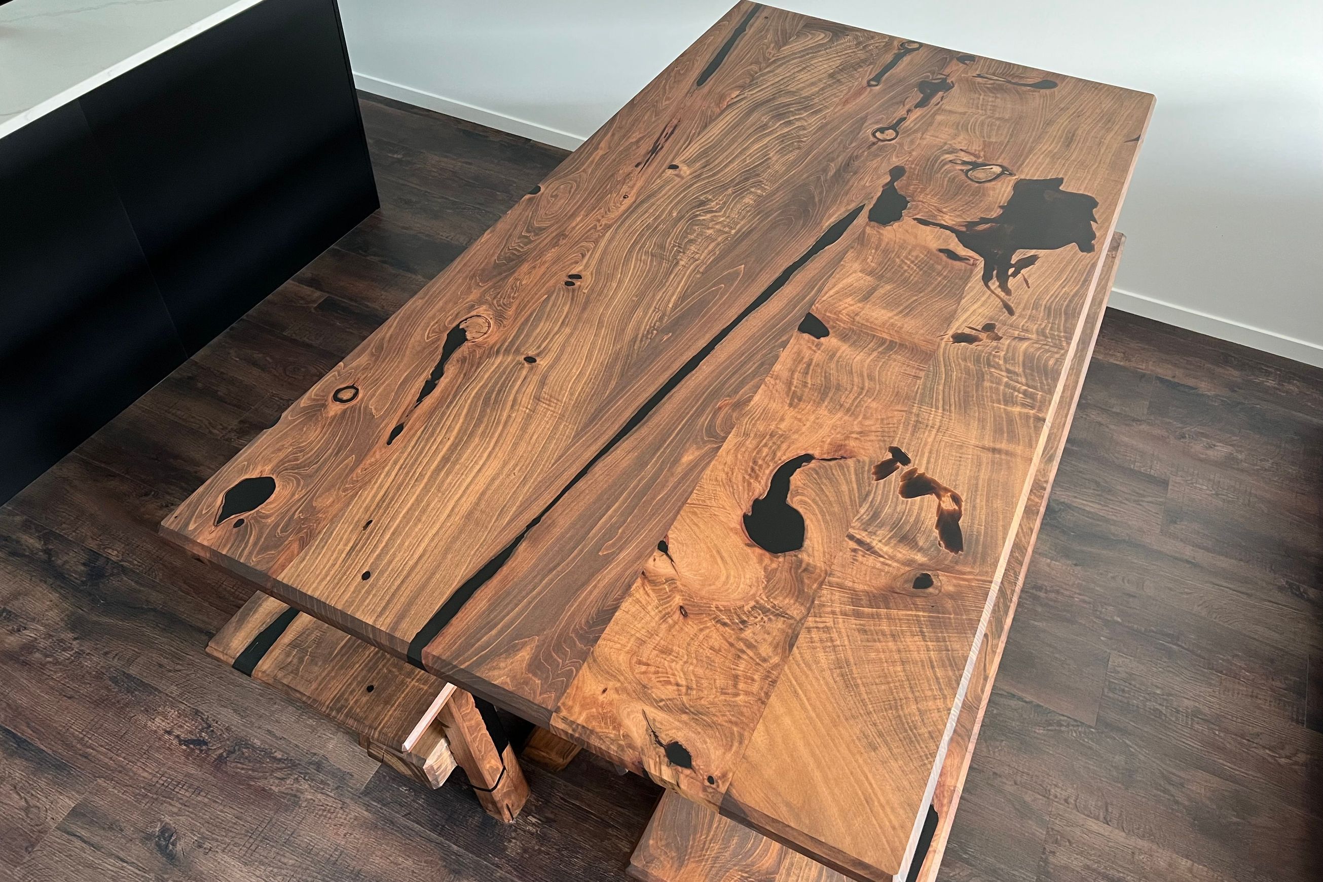 Bespoke Dining Table & Benches — Reclaimed Macrocarpa