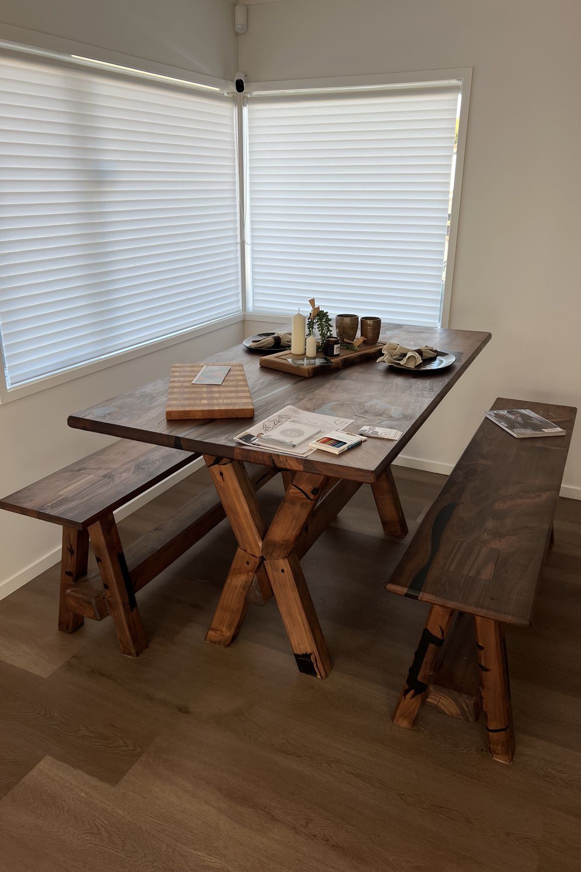 Bespoke Dining Table & Benches — Reclaimed Macrocarpa