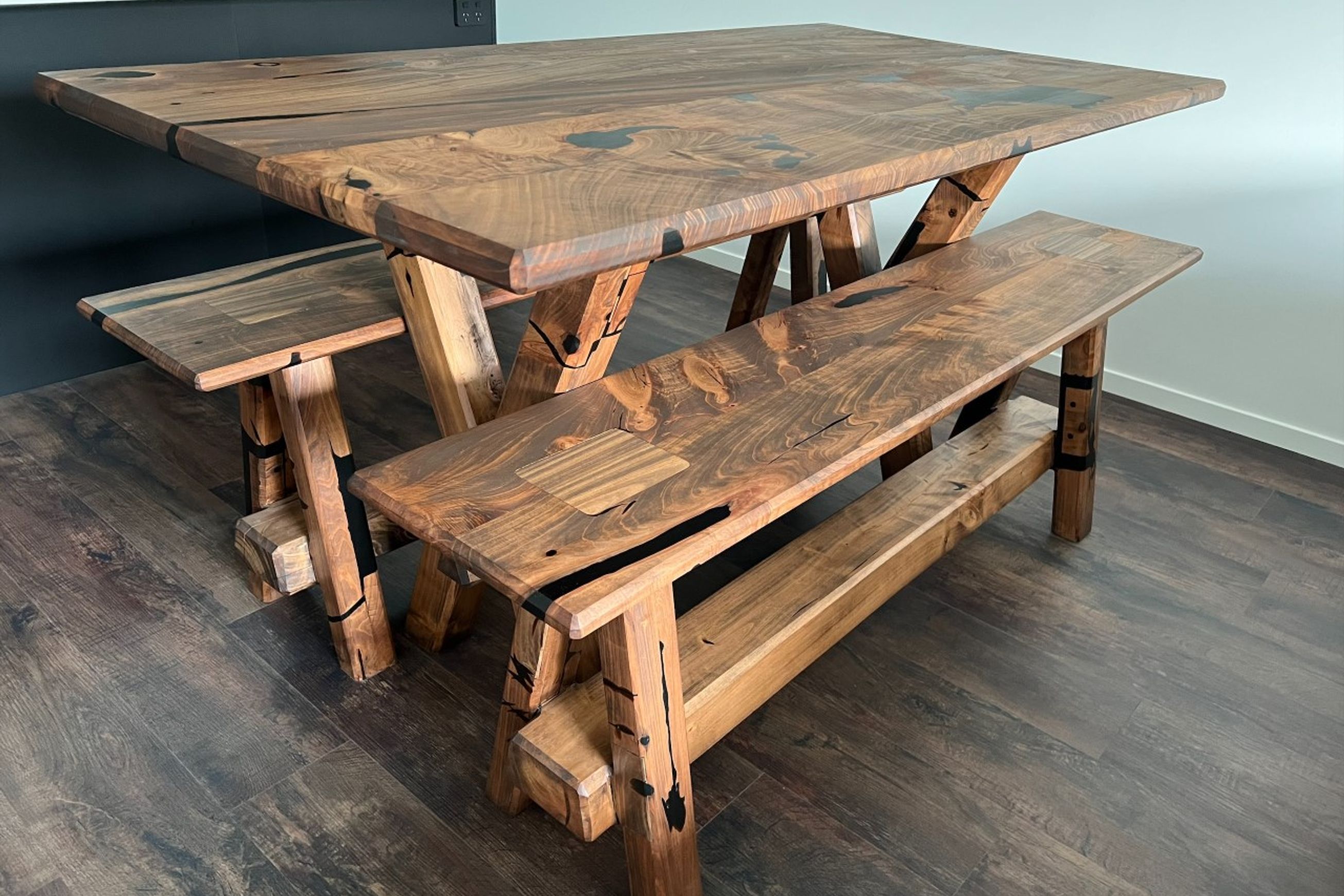 Bespoke Dining Table & Benches — Reclaimed Macrocarpa