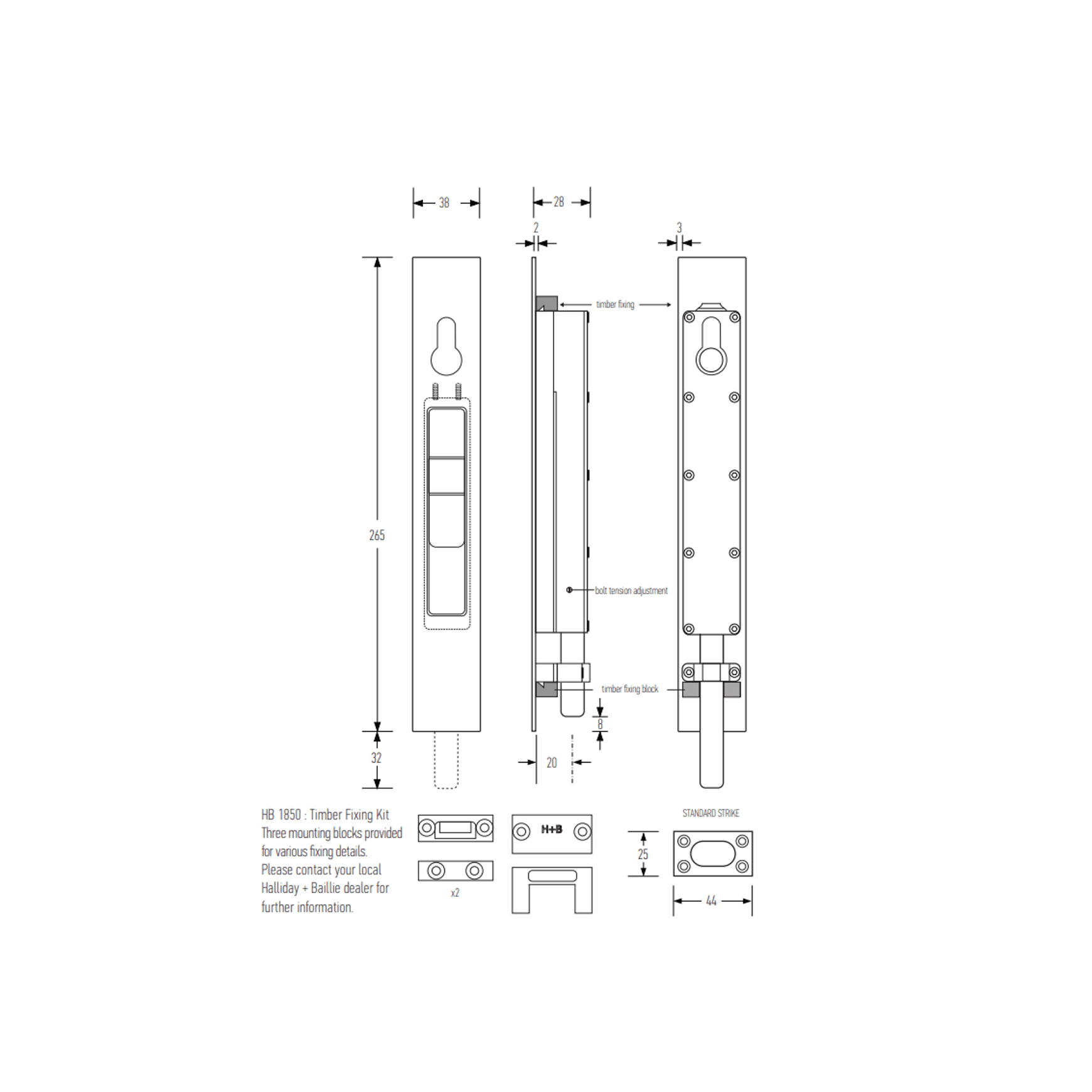 HB1830 Key Locking Flush Bolt (Round Throw)