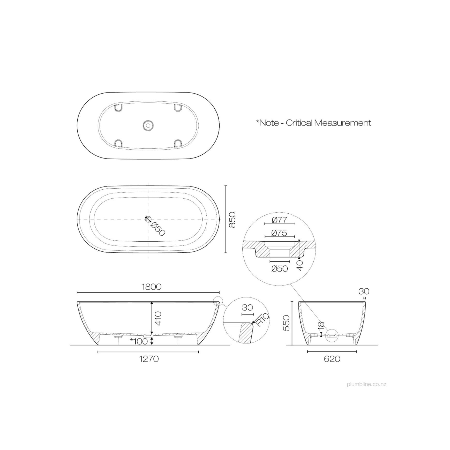 Oasis 1800 Freestanding Bath dimensions