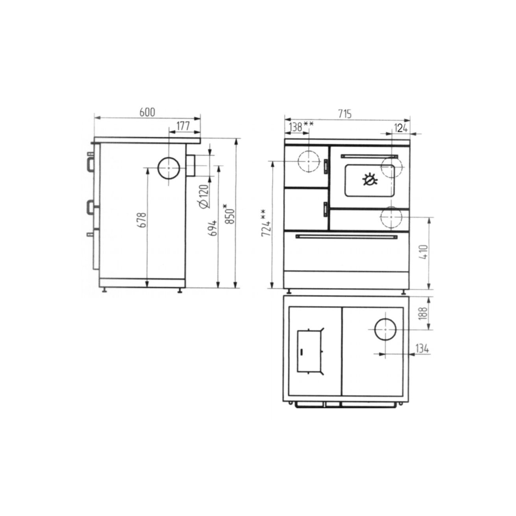 Wood Stove Ambiente Line K 128F Black dimensions