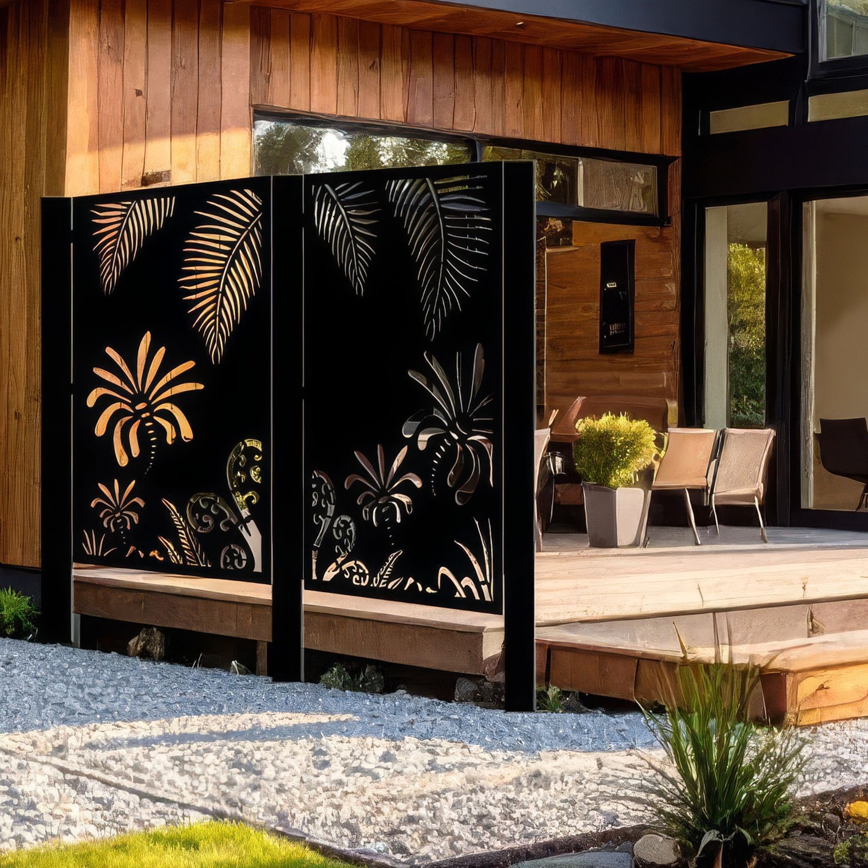 Decorative Garden Art & Privacy Screen- Koru with Palm