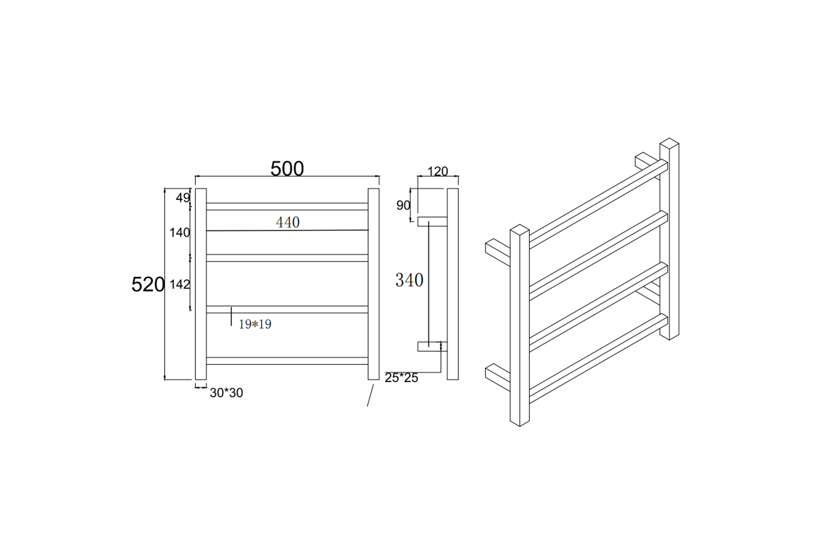 Square Electric Heated Towel Rack 4 Bars BUGM04.S.HTR dimensions