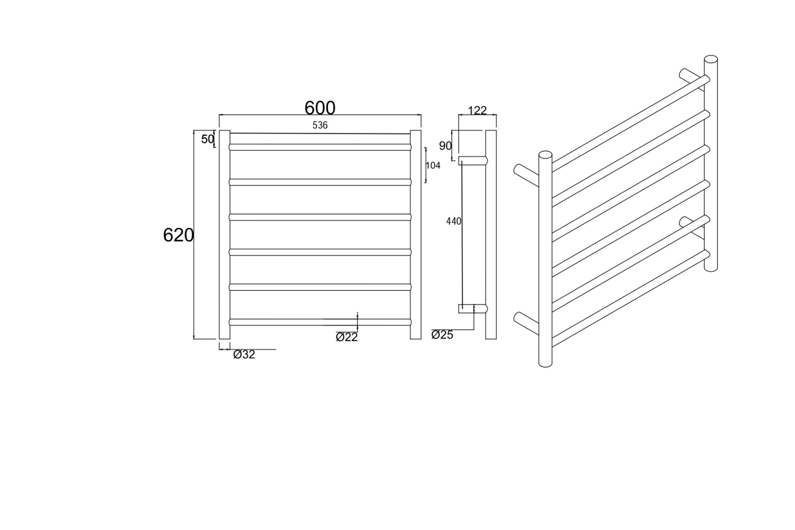 Round Electric Heated Towel Rack 6 Bars BUYG06.R.HTR dimensions