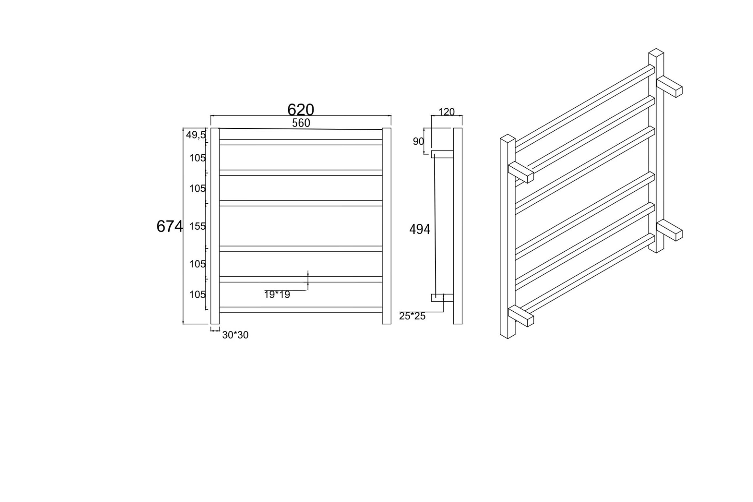Square Electric Heated Towel Rack 6 Bars dimensions