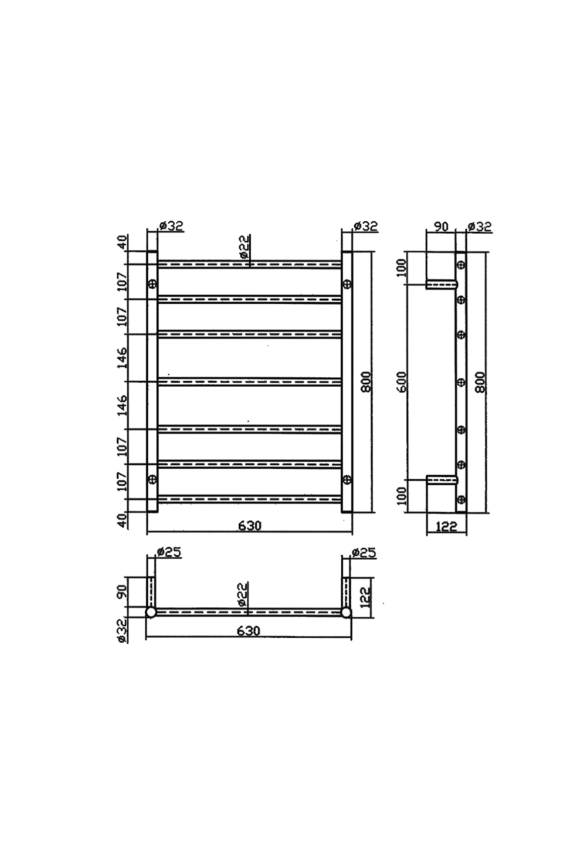 Calora Heated Towel Rail Ladder 7 Bar 630x122x800mm