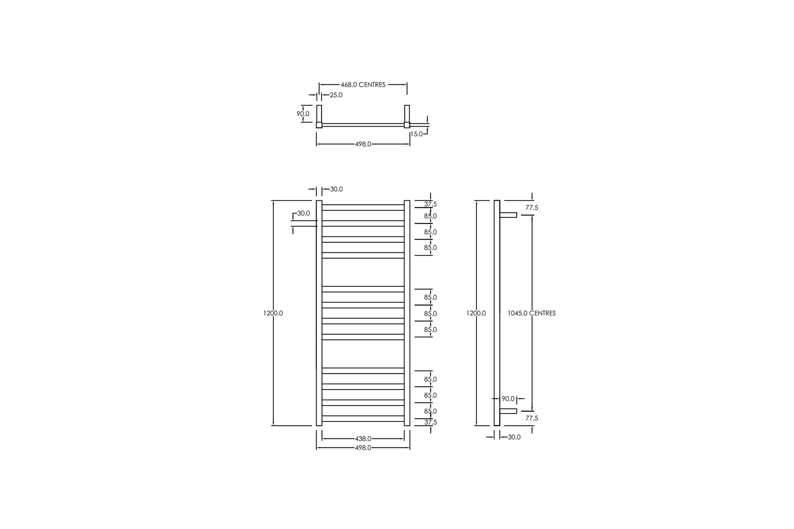 Square Towel Rail 240V 1200 x 500mm Gun Metal dimensions