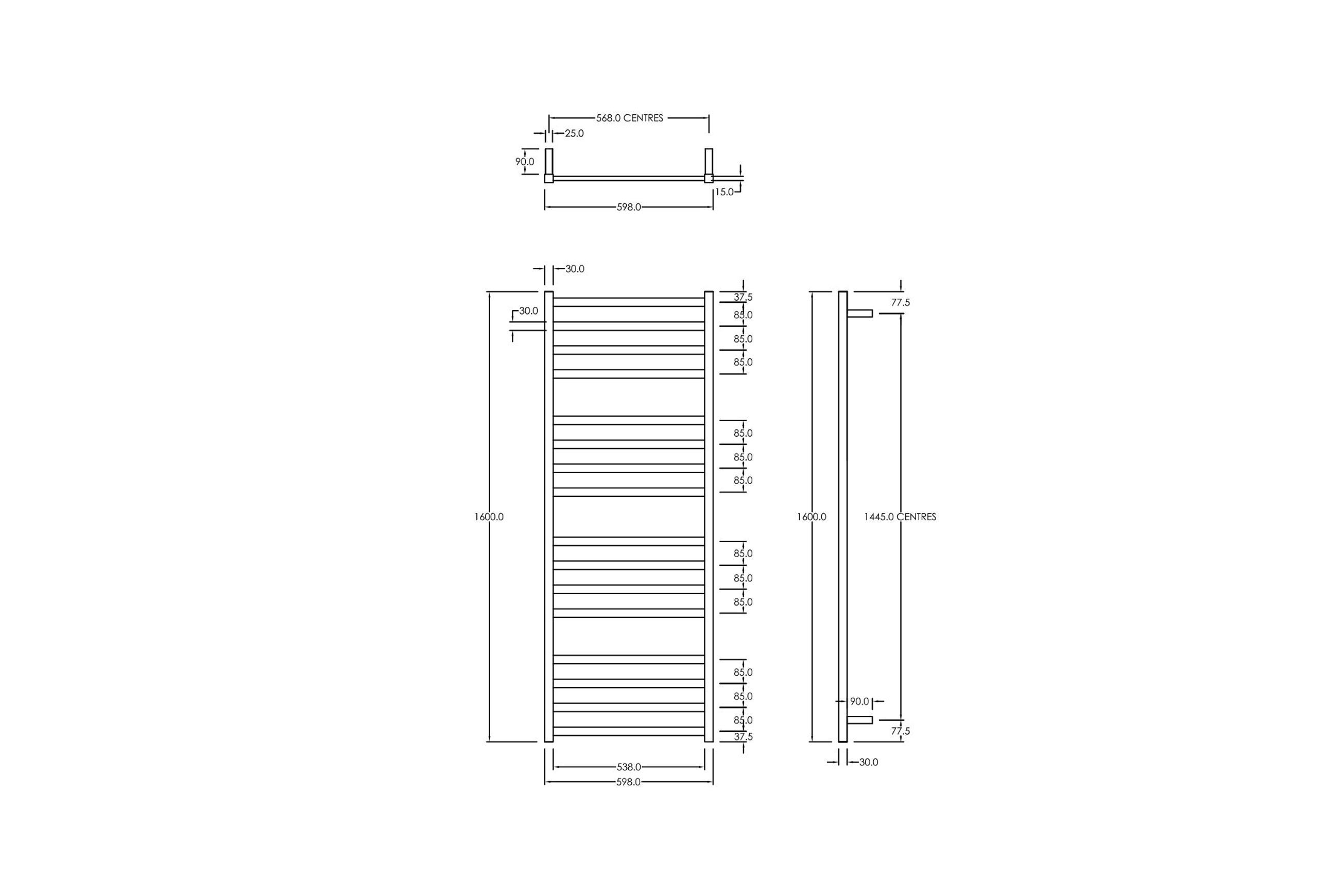 Square Towel Rail 240V 1600 x 600mm Satin Black dimensions