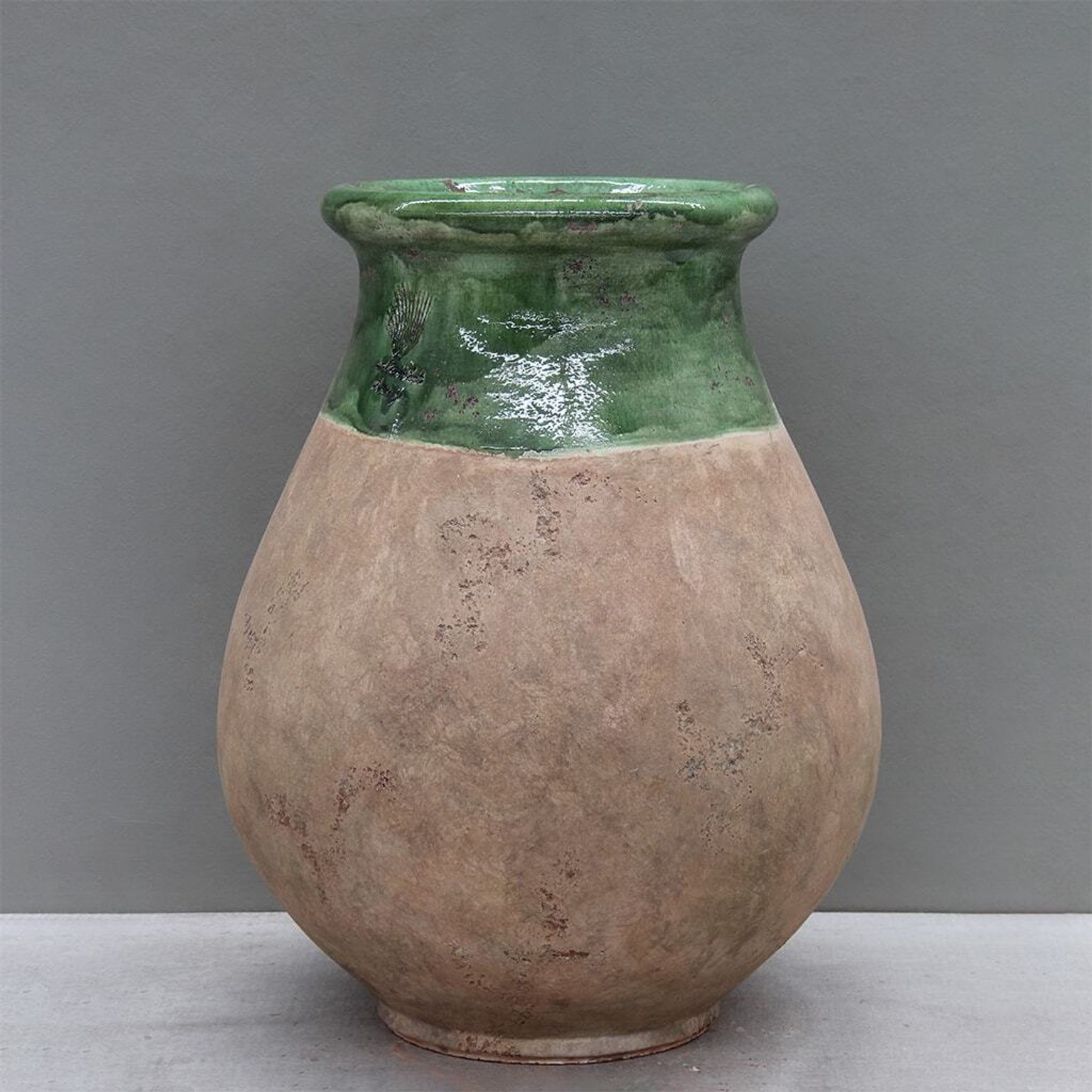 Aged Green on Antiqued Base Biot Jar