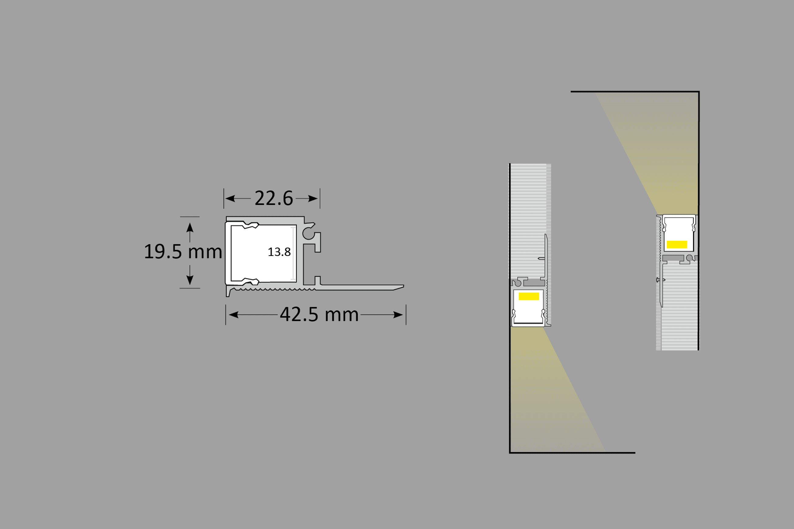 TL023 Plaster-In Trimless Cove Lighting LED Extrusion dimensions