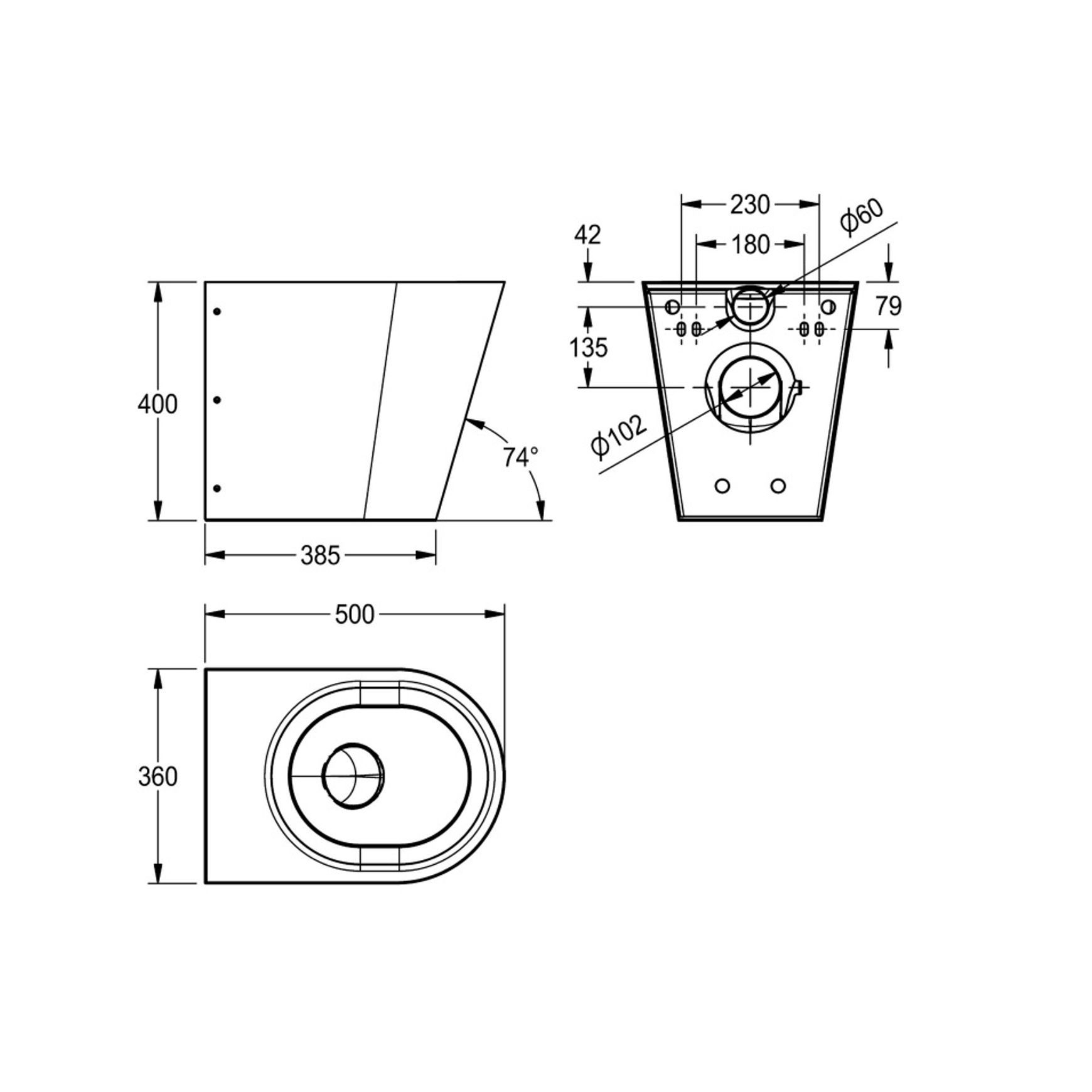 KWC STAINLESS FLOOR MOUNTED WC c/w PRESS-FIT BRACKET dimensions