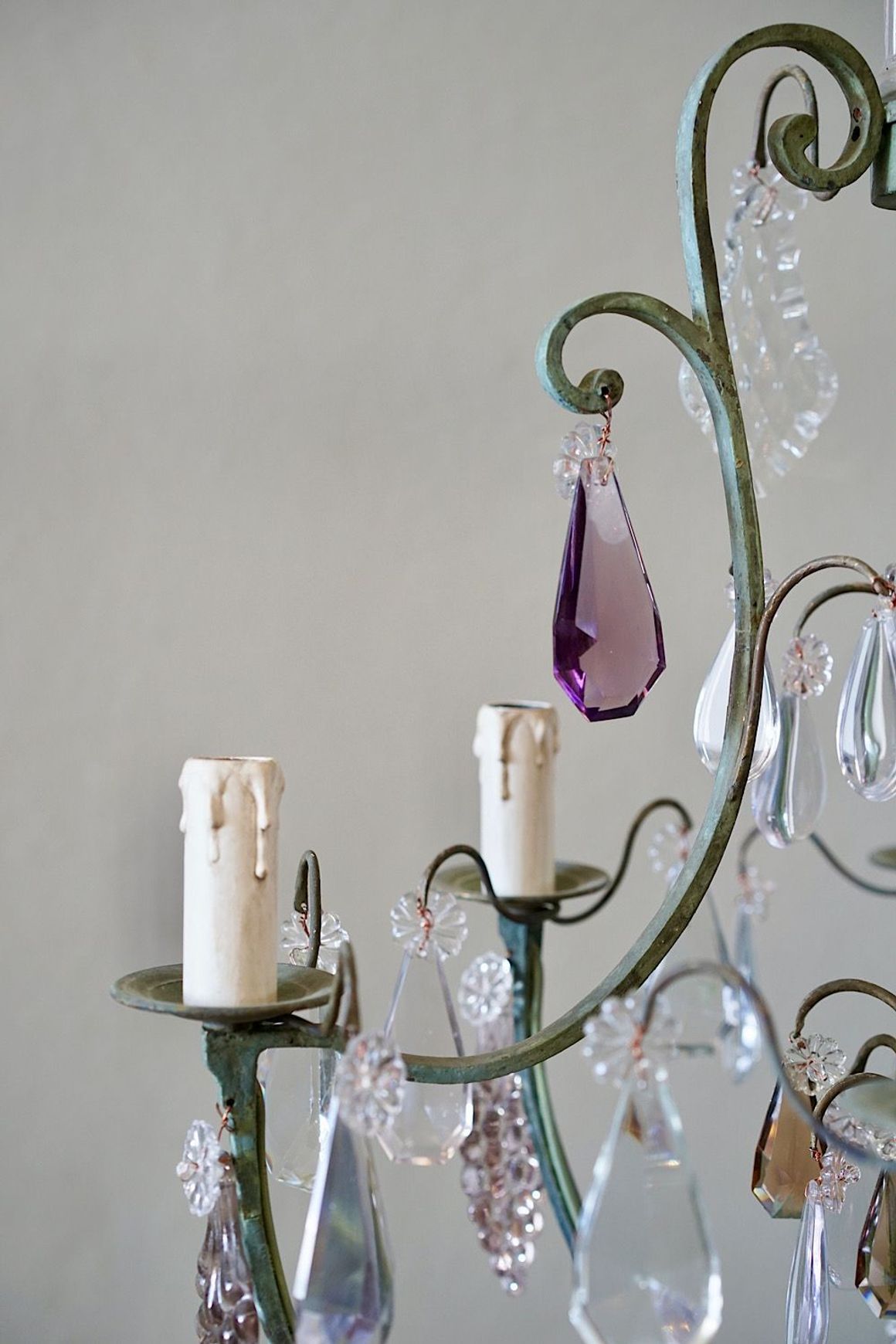 French Antique Verdigris Brass & Glass Chandelier