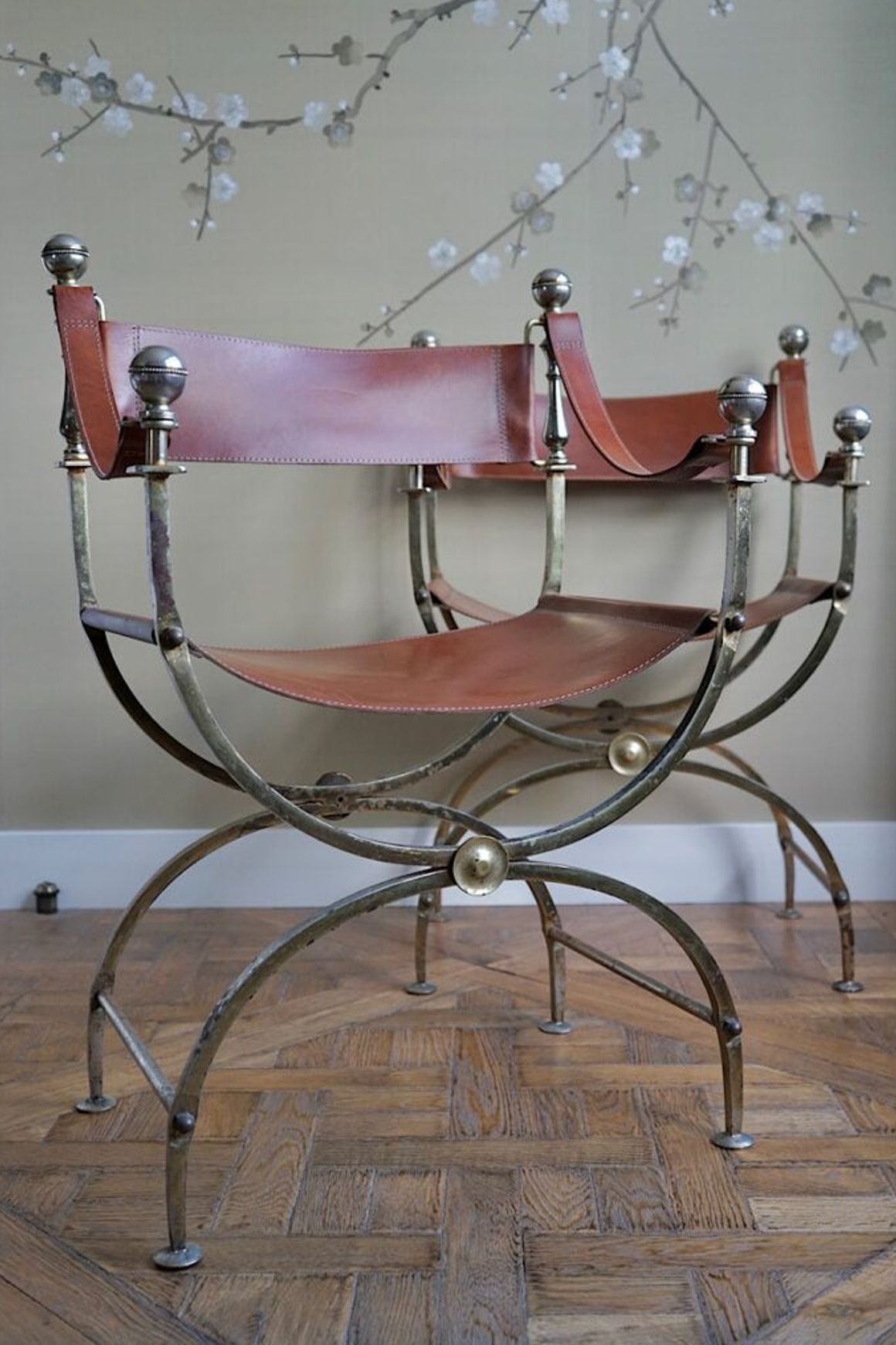 Vintage Iron & Leather Curule Chairs (Pair)