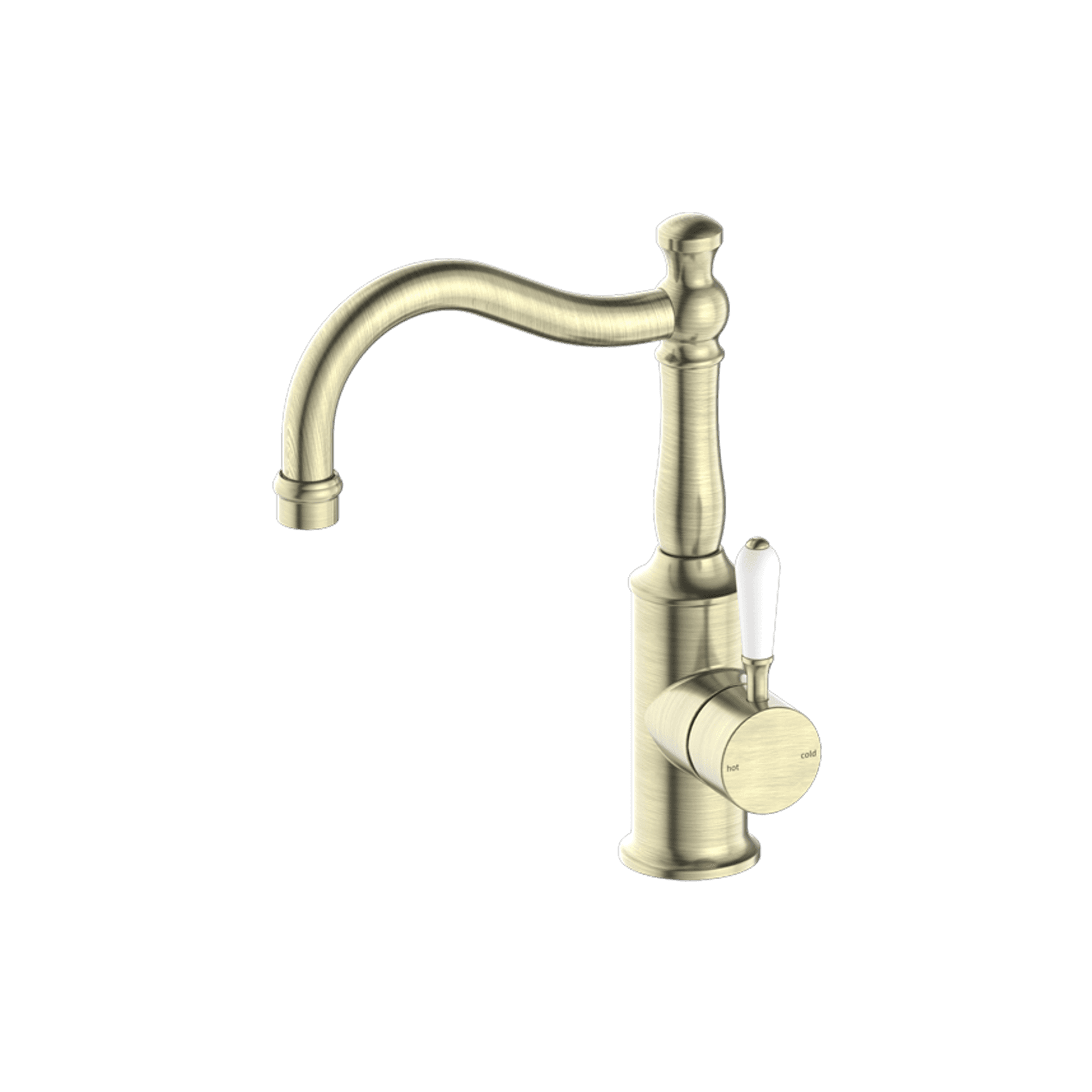 York Basin Mixer Hook Spout With White Porcelain Lever Aged Brass