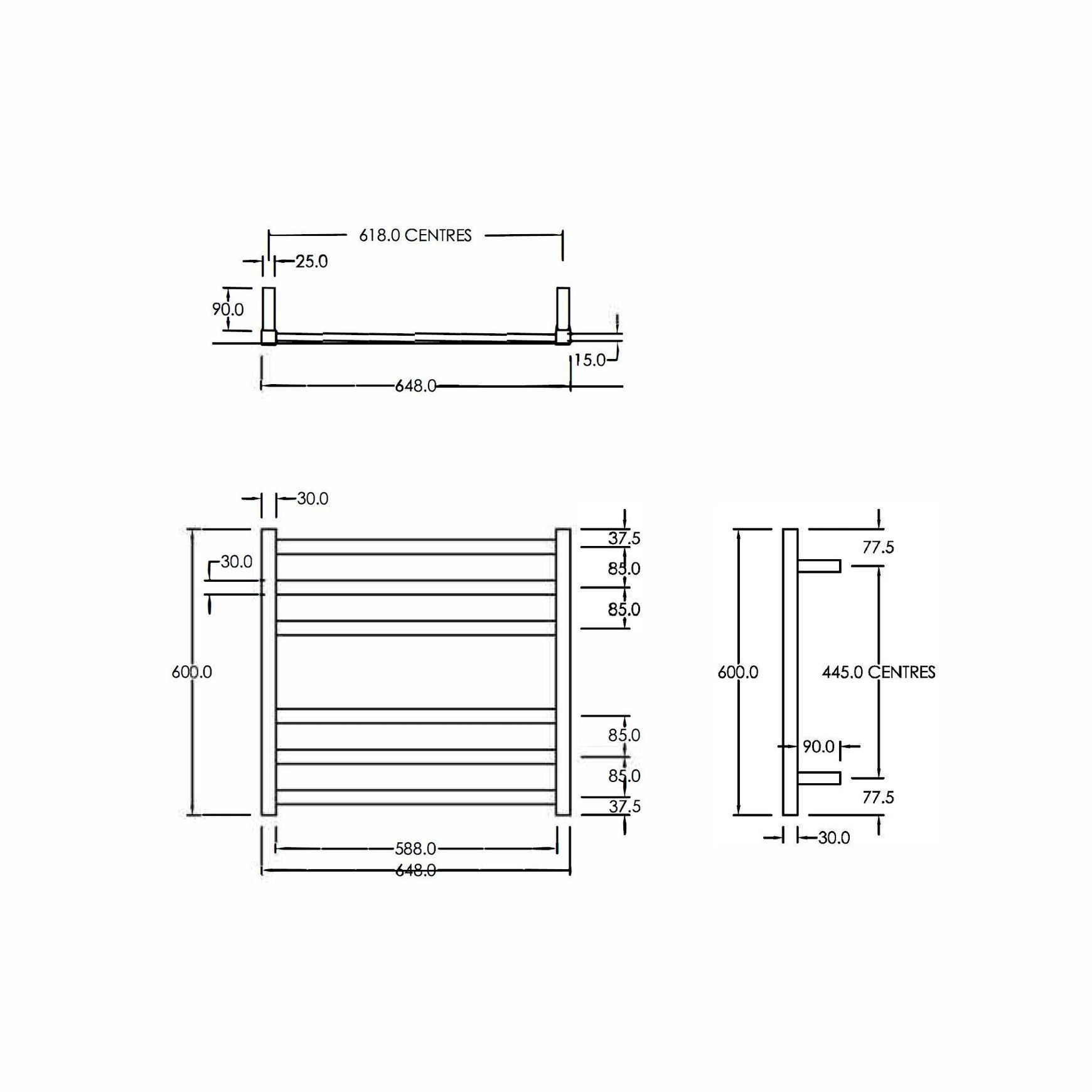 Square Heated Towel Ladders 600x650mm