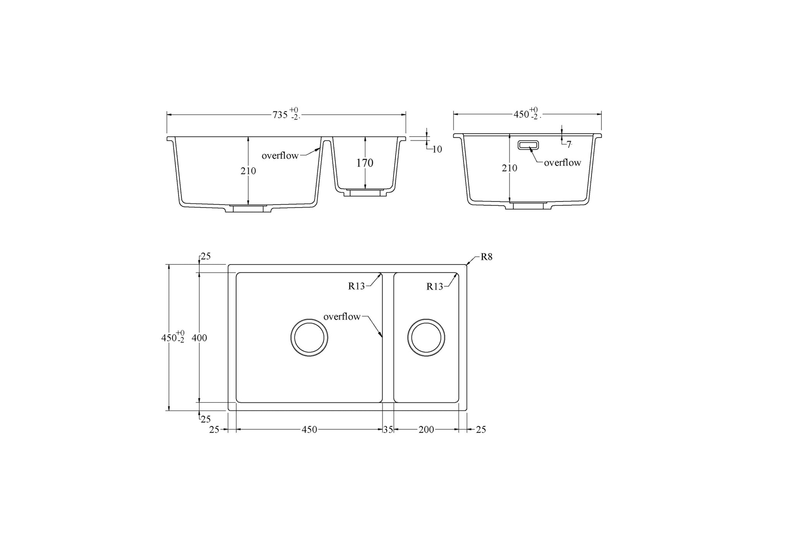 Aura 650 (450+200) Double Bowl Granite Sink