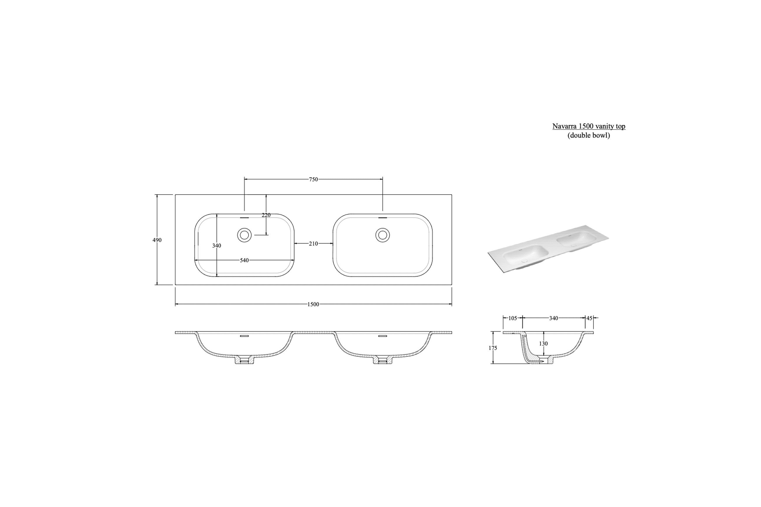 NAVARRA 1500 DOUBLE VANITY SINK TOP RANGE