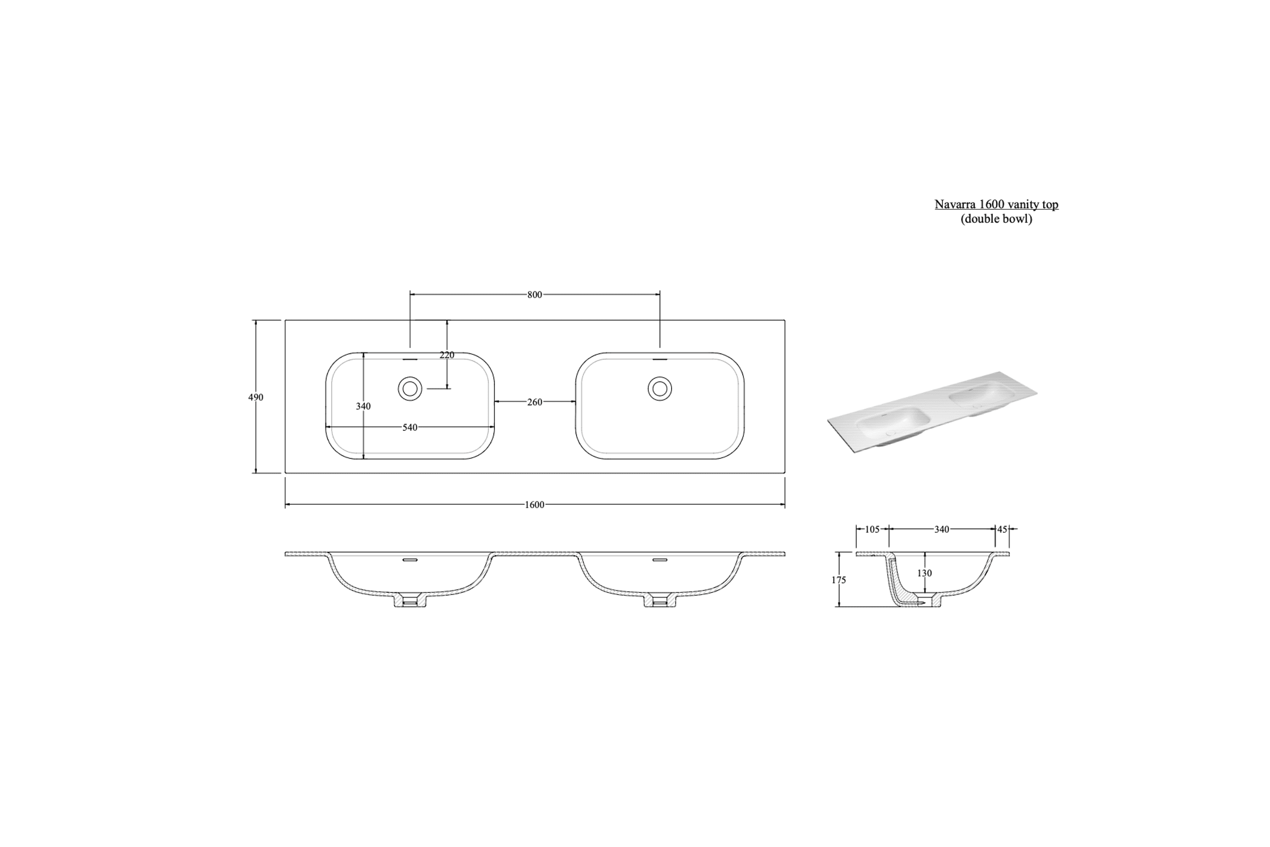 NAVARRA 1600 DOUBLE VANITY SINK TOP RANGE