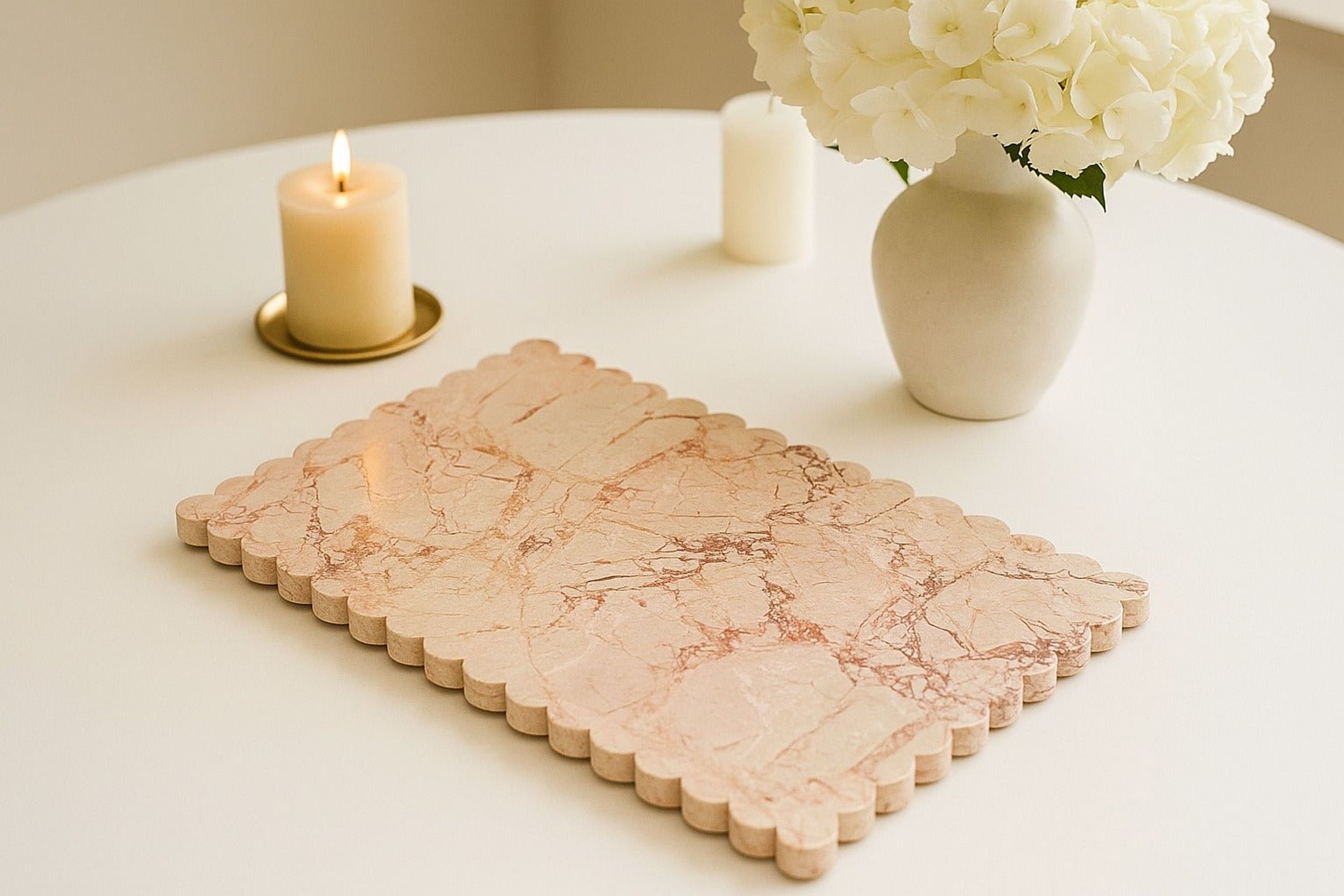 Scalloped Edge Rectangle Tray - Pearl Pink Blush Marble