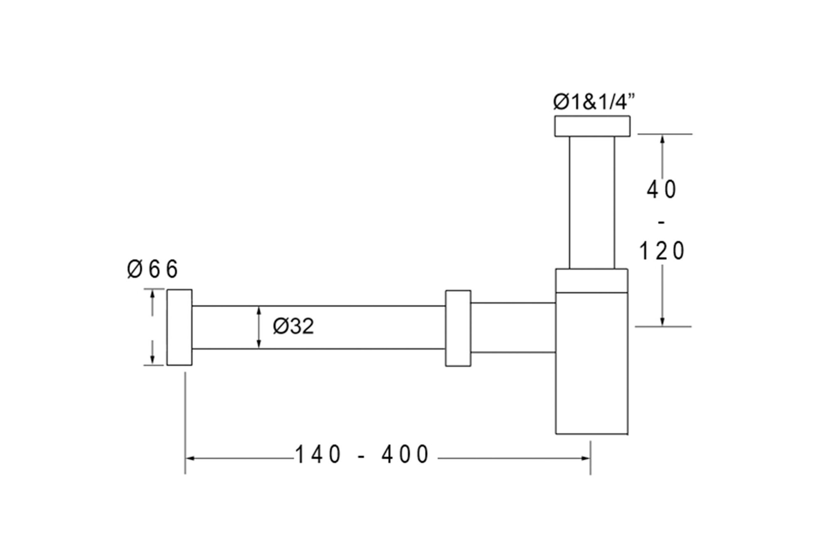 32mm Bottle Trap Chrome (140-400mm reach) dimensions