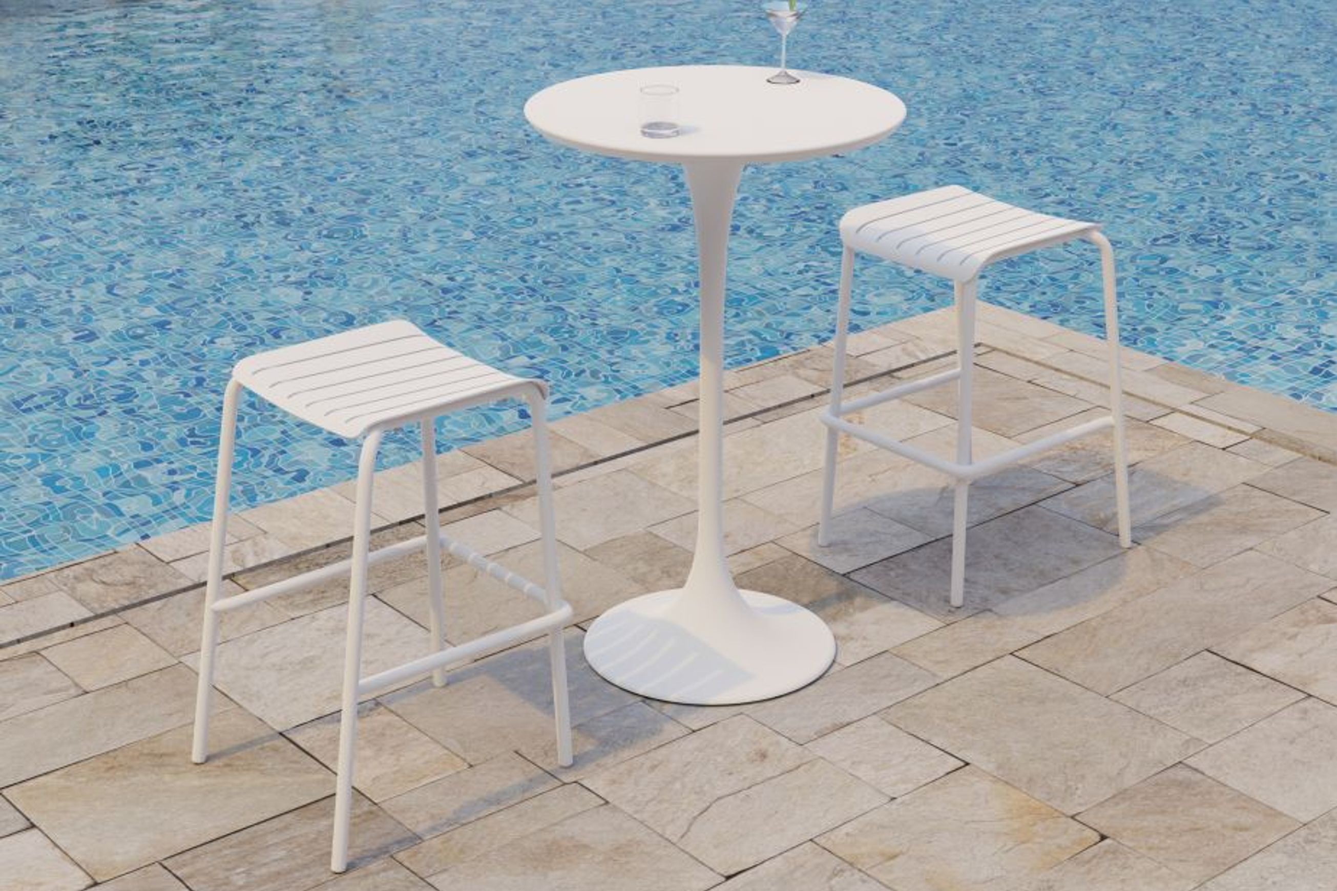 Roku Outdoor Backless Bar Stool in Matt White