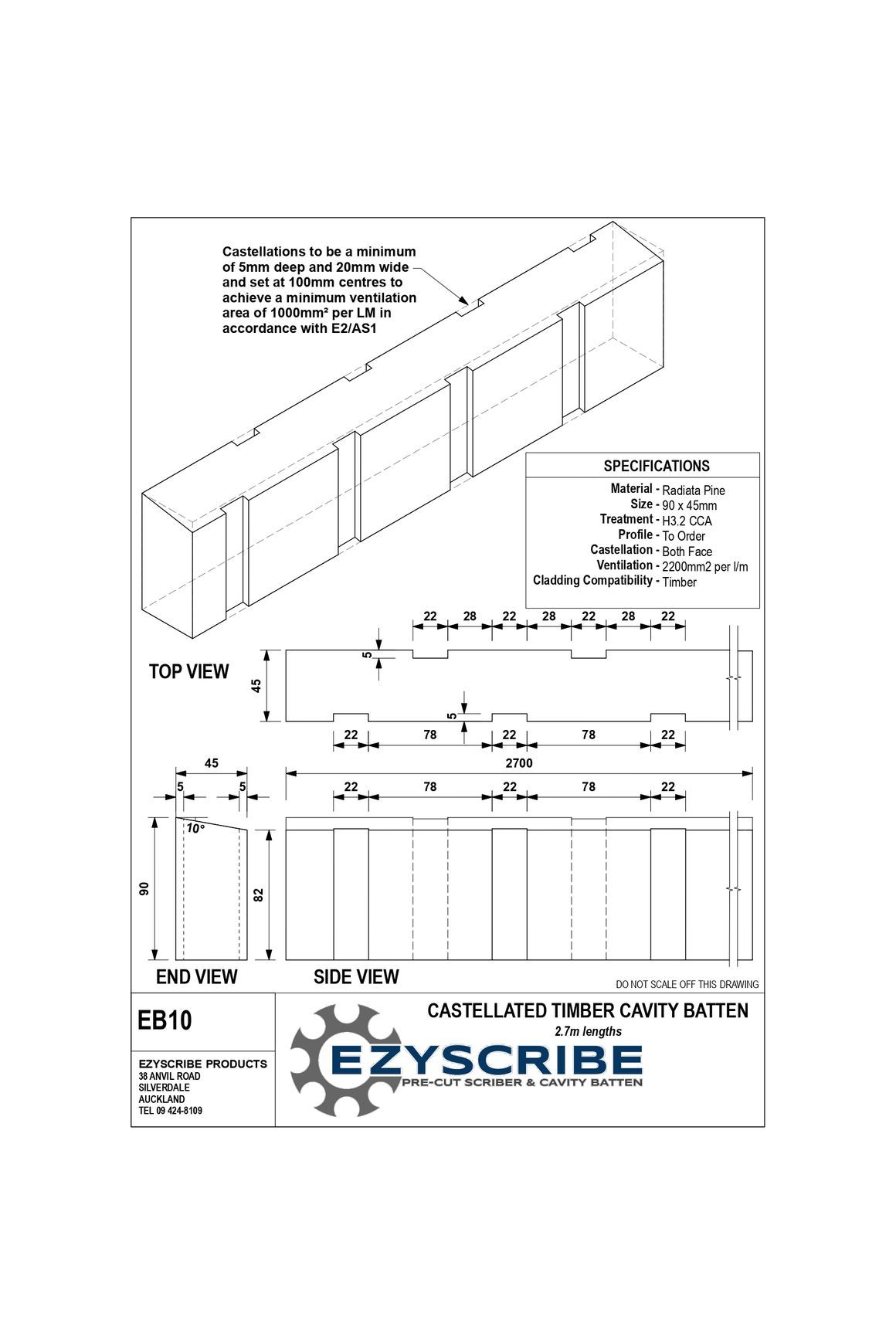 EB10 Castellated Timber Cavity Batten dimensions