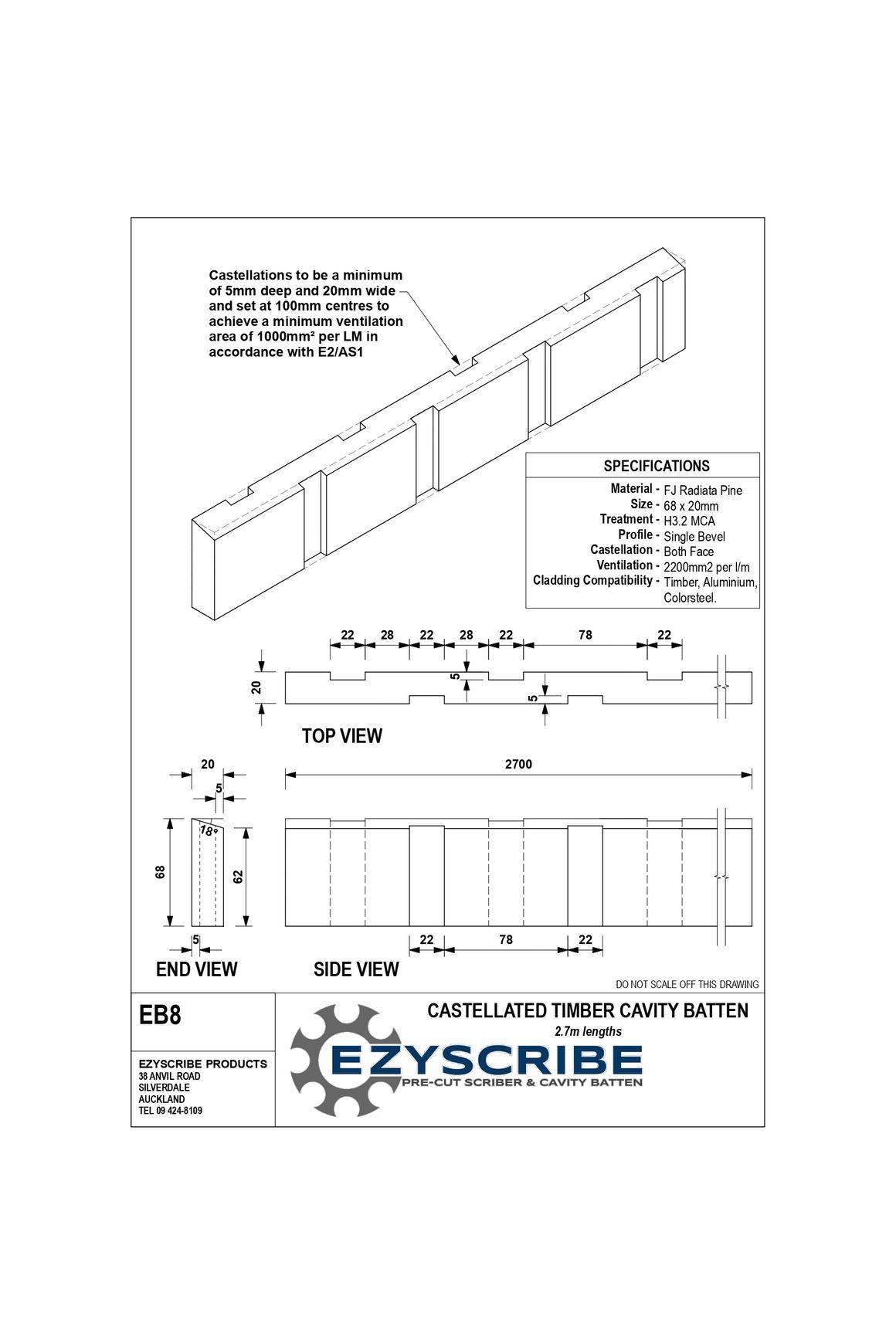EB8 Castellated Timber Cavity Batten dimensions