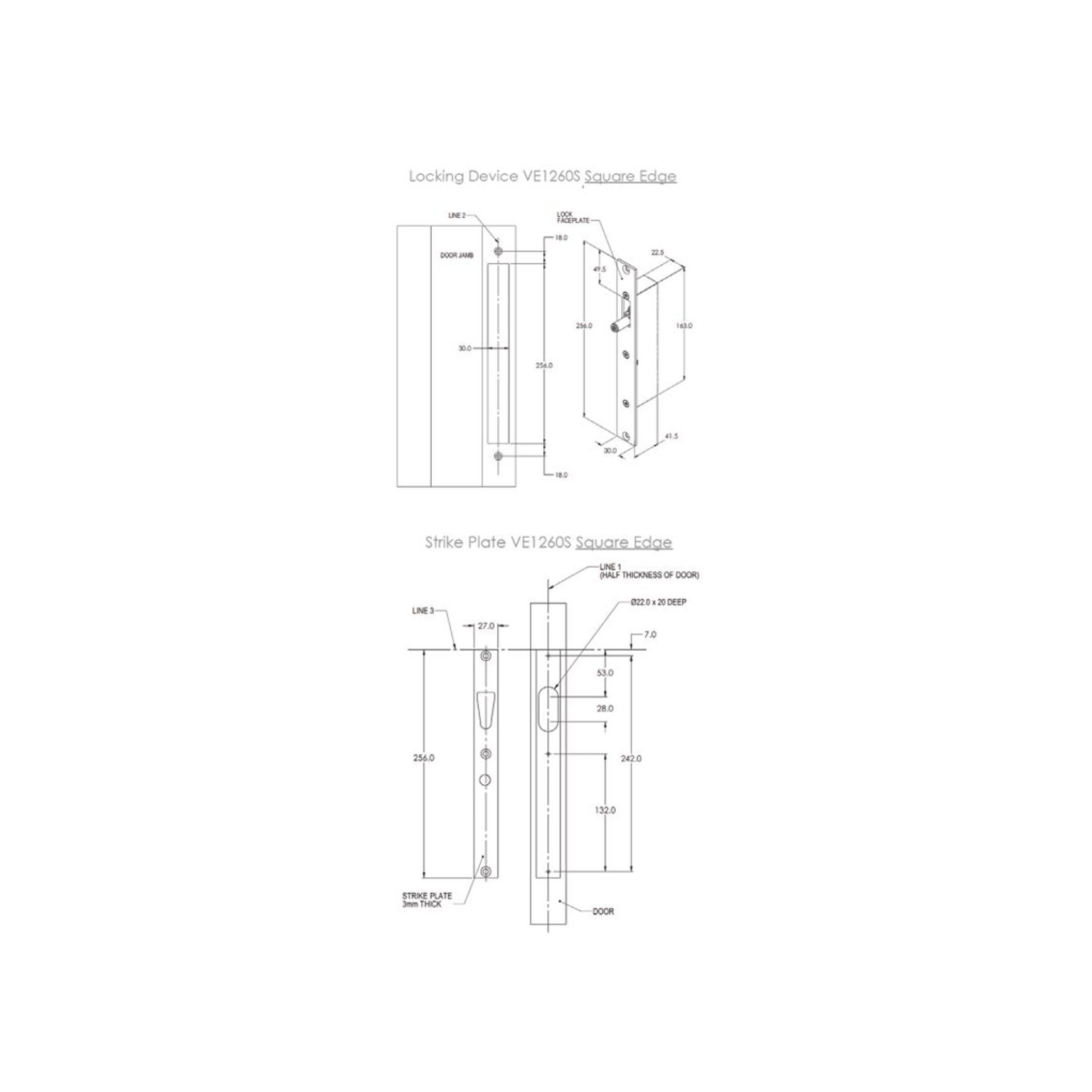 FSH Drop Bolt (V Lock) Square Edge Fire Rated VE1260S dimensions