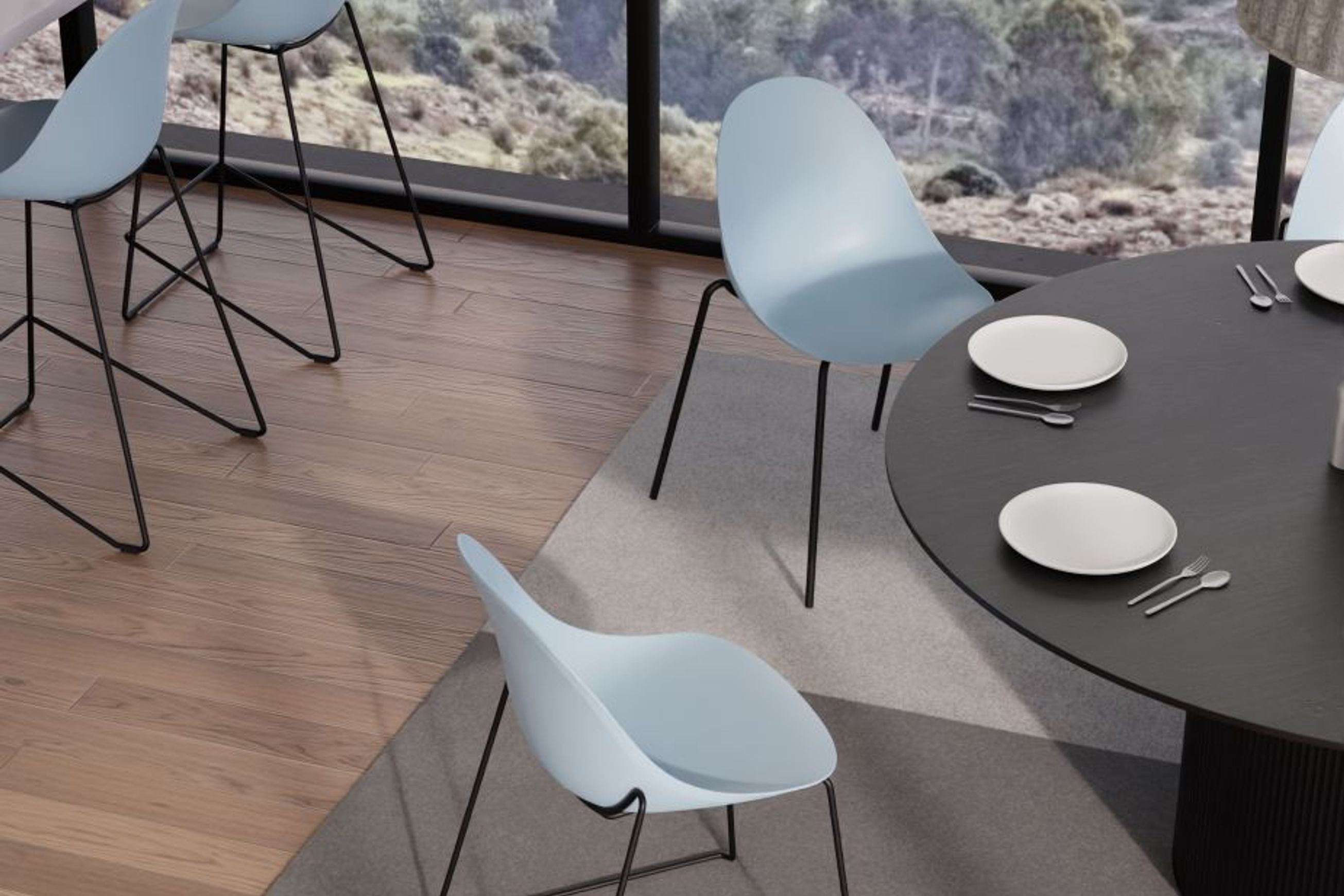 Pebble Blue Stool Shell Seat - Bar Stool 75cm Seat - Black Base