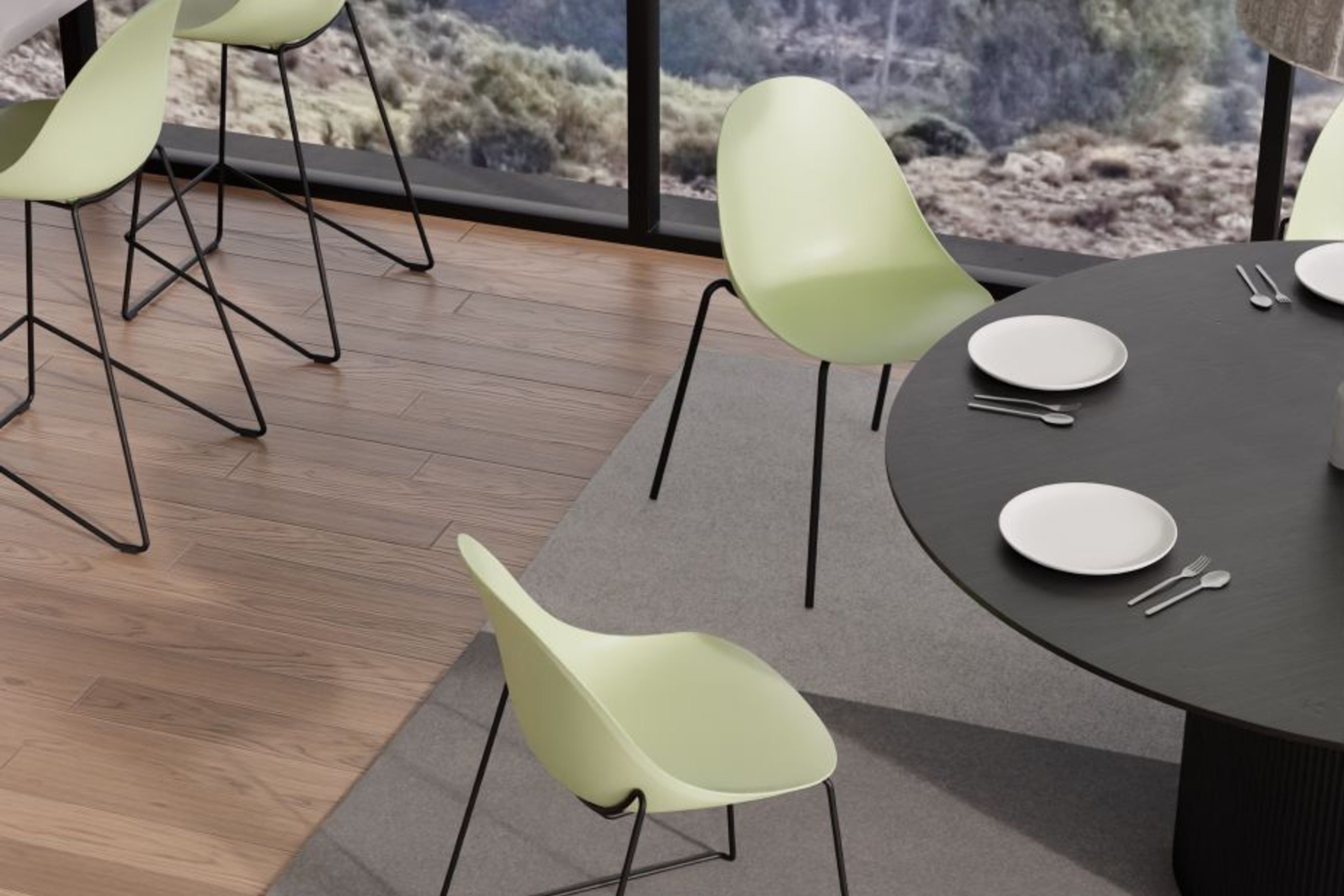 Pebble Mint Green Stool Shell Seat - Counter Stool 65cm Seat - Black Base