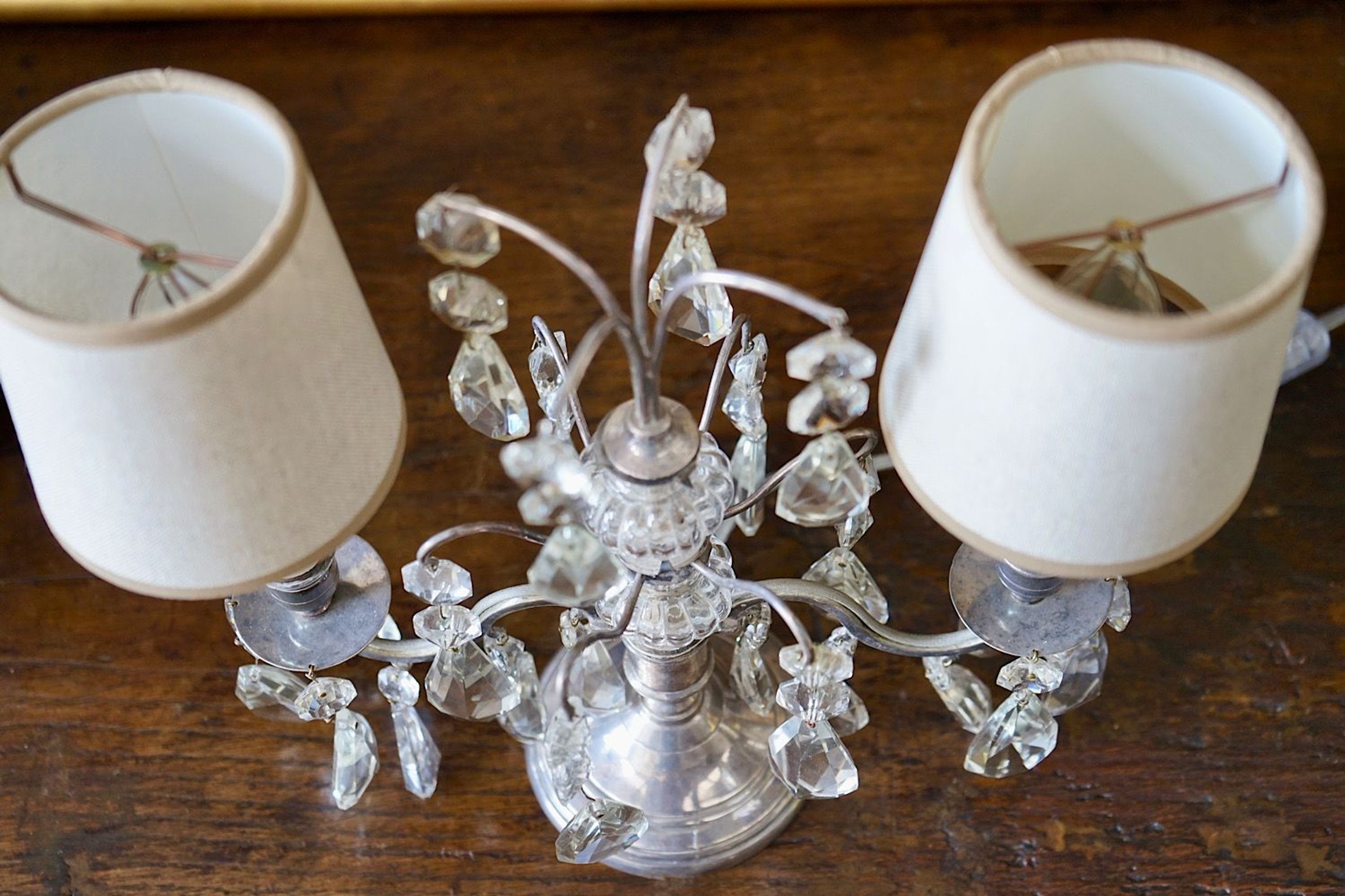 French Antique Silver & Glass Girandole Lamps
