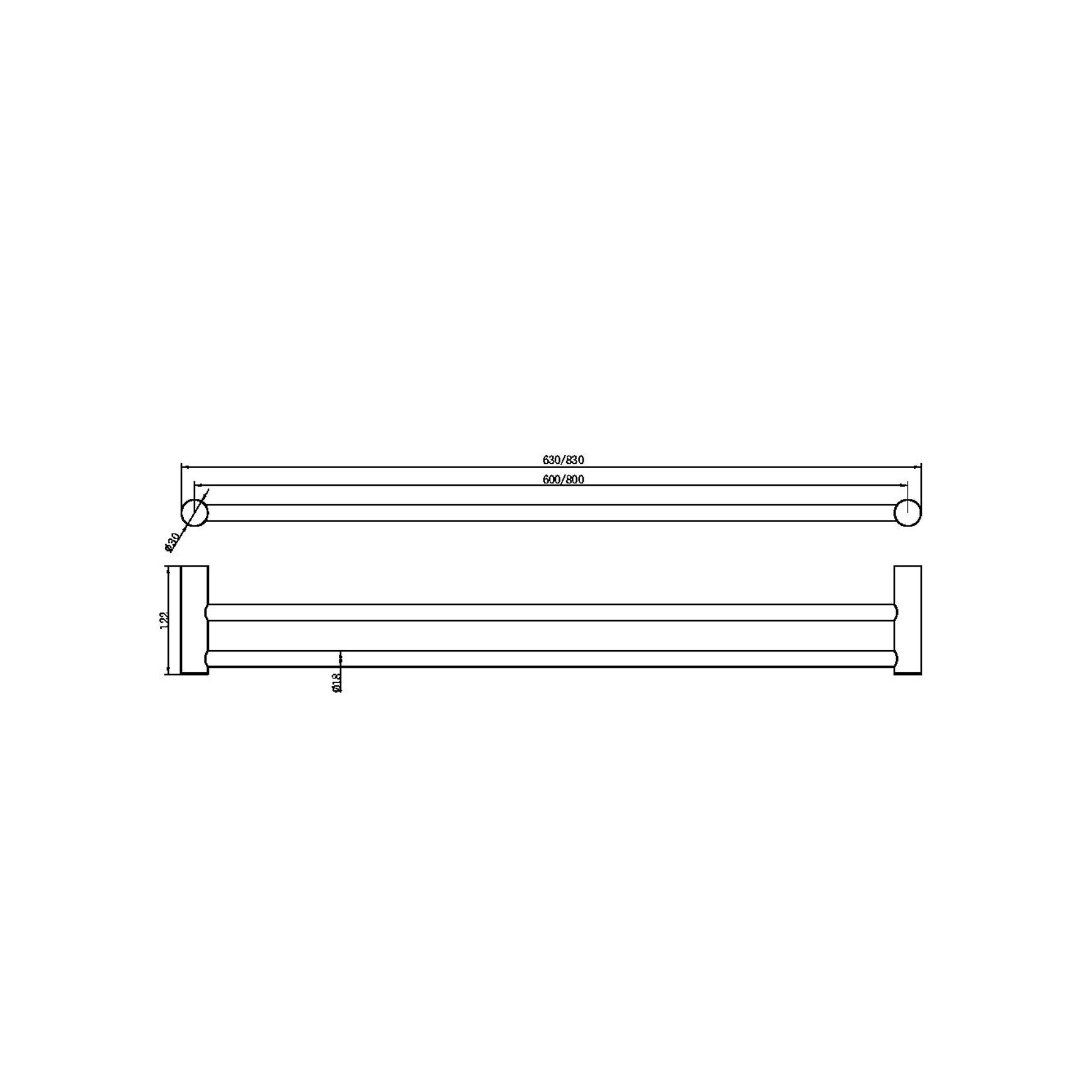 Zen SS316L Double Towel Rail 600mm | Brushed Nickel dimensions