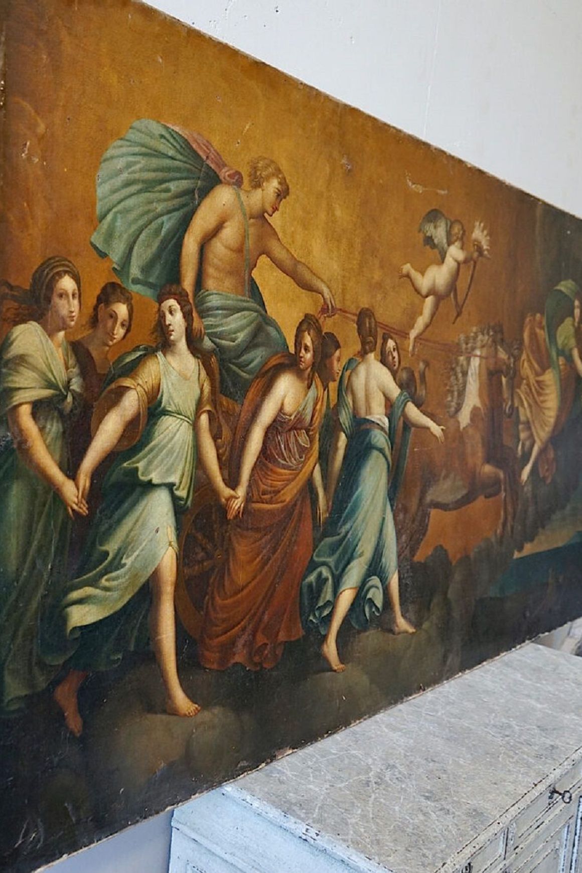 Large Italian Antique Oil Painting of Aurora & Apollo