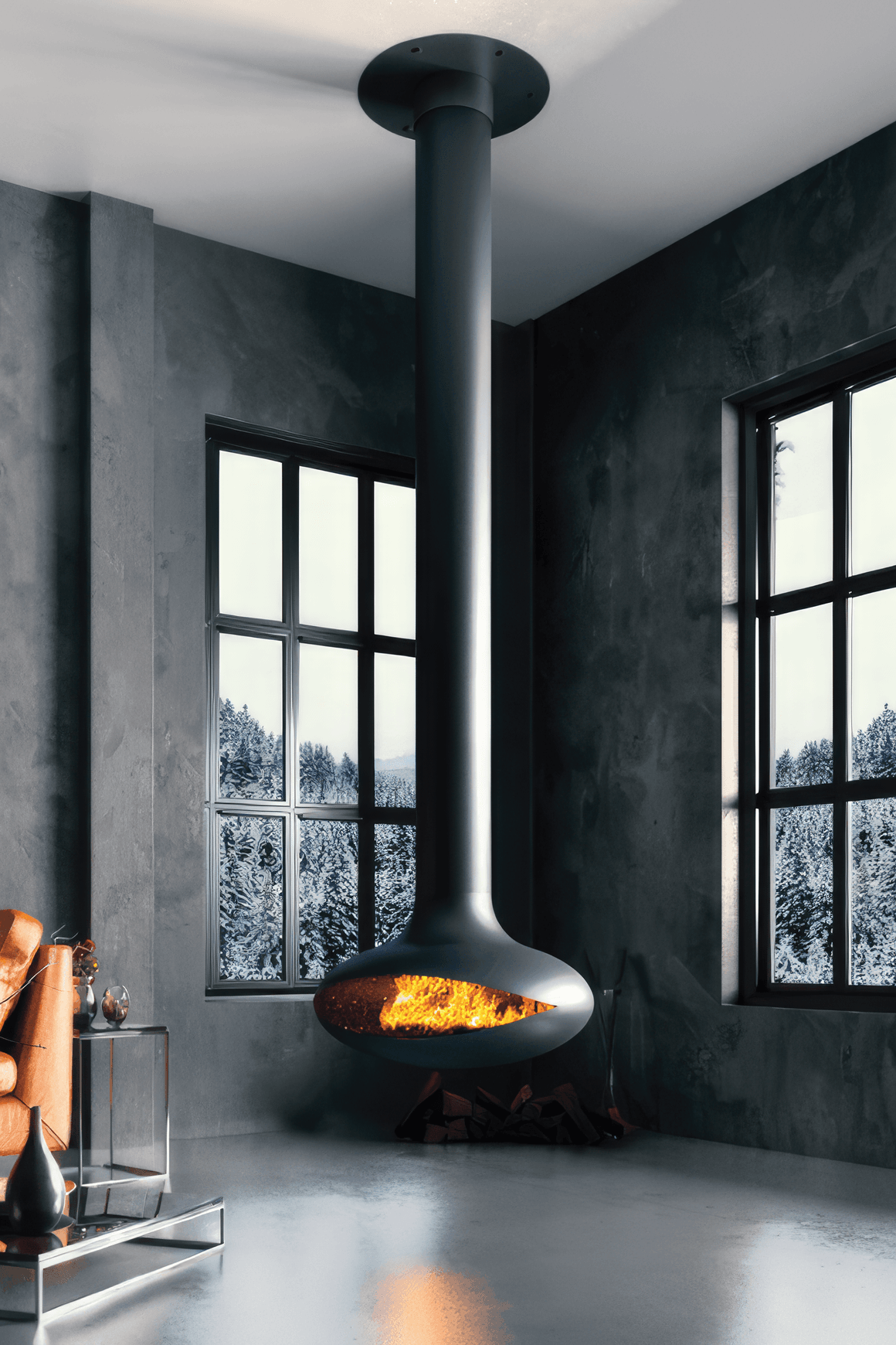 Zen Suspended Elegante Wood Fireplace