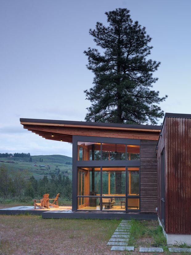 Exterior view of a contemporary timber-and-metal building set in a rural, hilly landscape. The low, asymmetrical structure has broad projecting roof eaves, dark-framed floor-to-ceiling glazing, horizontal timber cladding, and a tall corrugated metal wall. A small deck with wooden lounge chairs sits beside the glazed living space, with a stepping-stone path leading to the building. A large pine tree rises behind the roofline.
