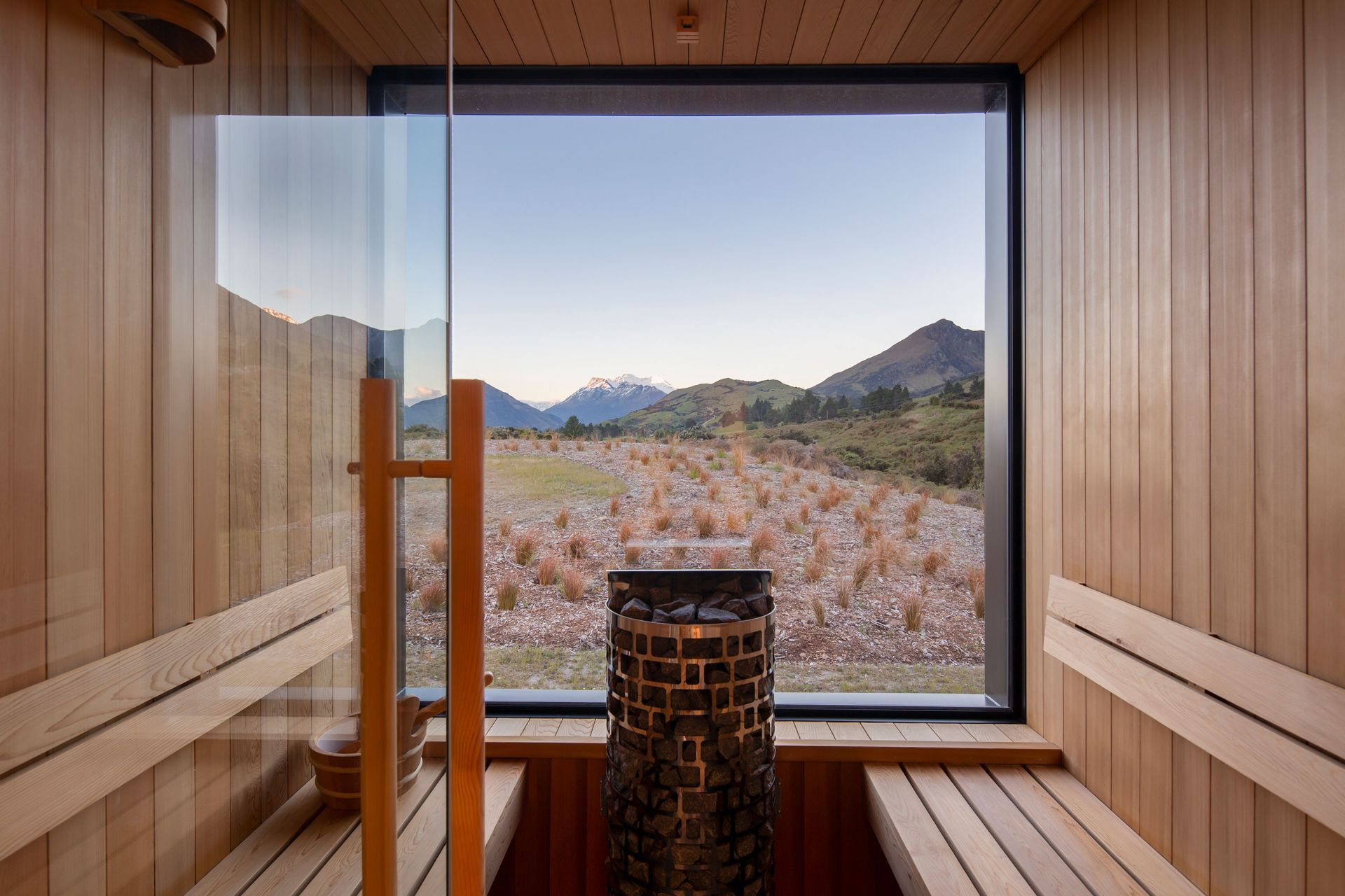 Part of the master suite, a sauna overlooks Mount Alfred and Glenorchy.