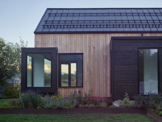 Exterior view of a contemporary single-storey house with a steeply pitched roof, dark metal roof structure, vertical natural timber cladding, and contrasting dark stained timber projecting window and door surrounds. The facade opens onto a landscaped garden with established planting.