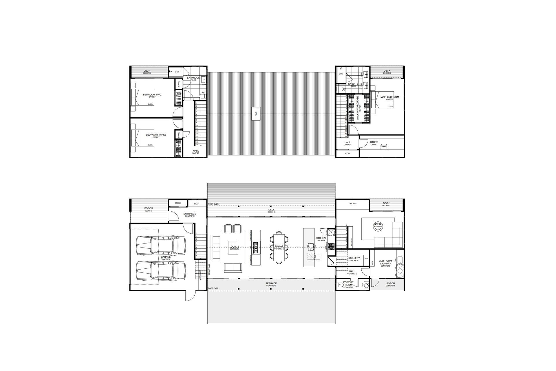 Architectural floor plan by Rogan Nash Architects illustrating the distinctive planning of Bookends, a contemporary lifestyle home in Waipu. The plan shows the two separate wings connected by a central open-plan living pavilion, with private bedroom and retreat spaces arranged around the shared kitchen, dining and living areas. The layout creates flexibility for everyday living, family gatherings and guests while responding to the surrounding rural landscape.